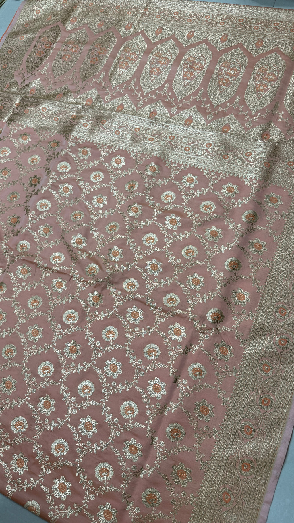 Pure Katan Silk Saree: Blush Pink Floral Zari Weave, Traditional Indian Bridal Gift