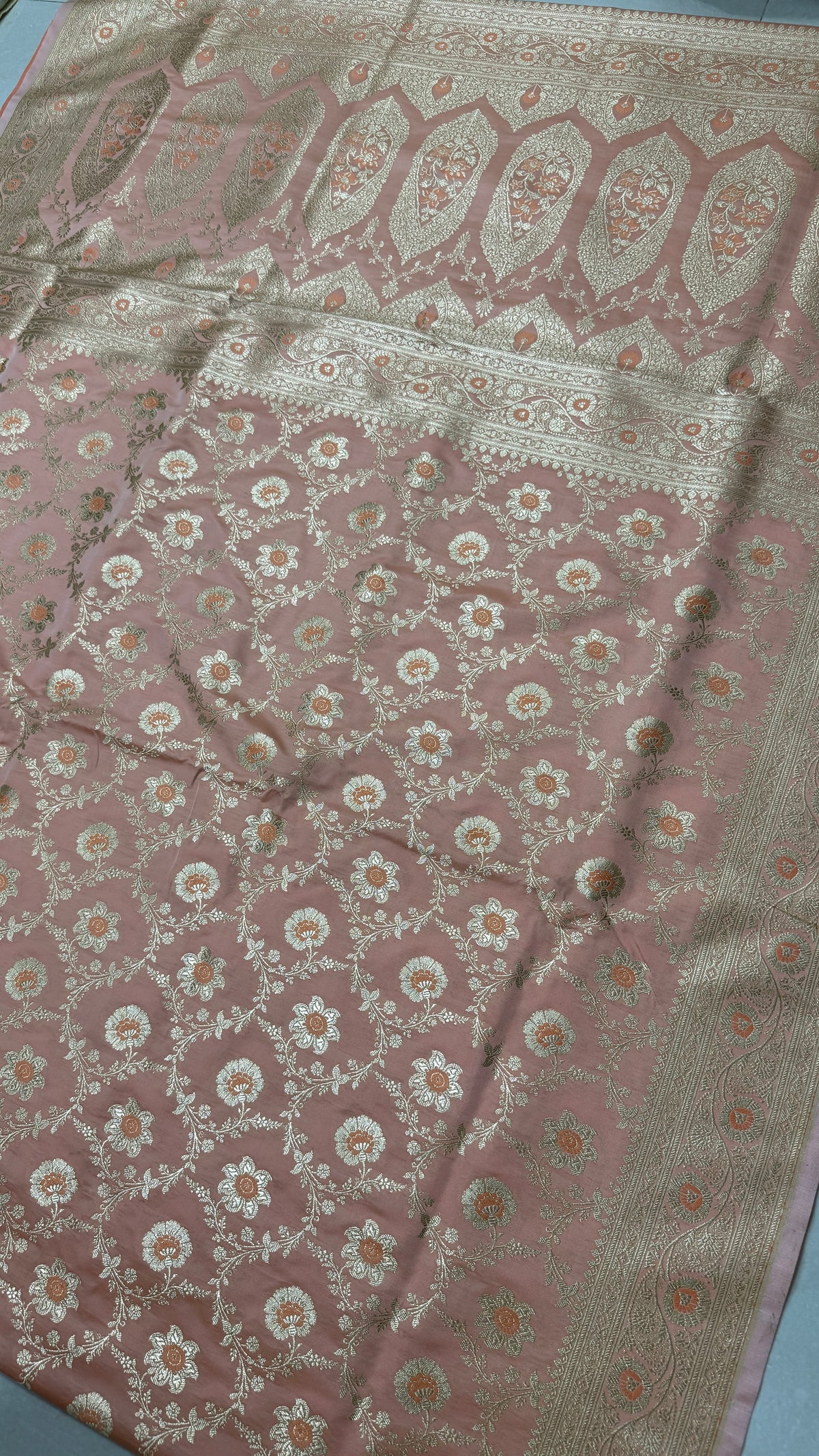 Pure Katan Silk Saree: Blush Pink Floral Zari Weave, Traditional Indian Bridal Gift