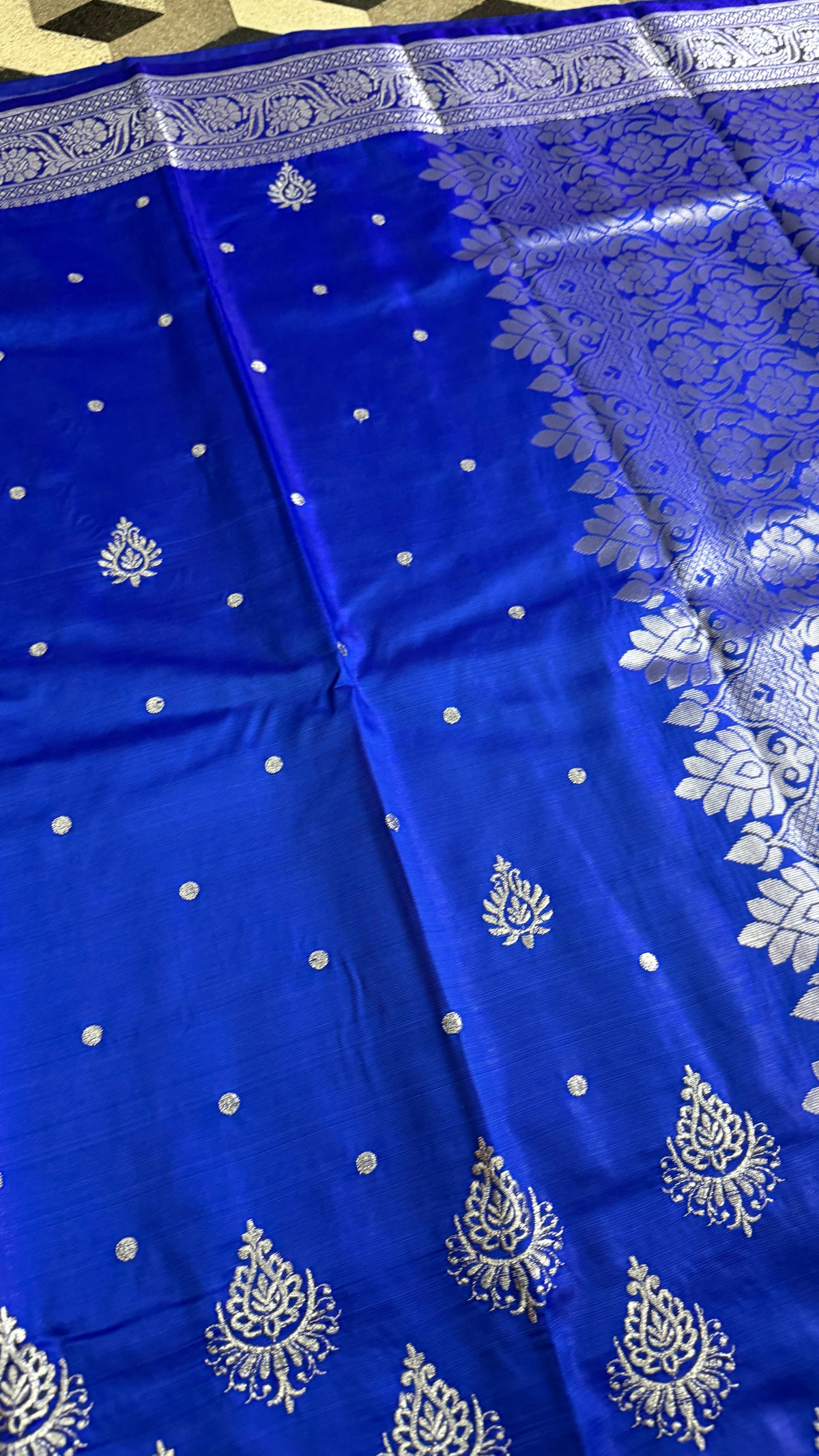Royal Blue Satin Silk Saree, Silver Zari Border, Festive Indian Wedding Wear