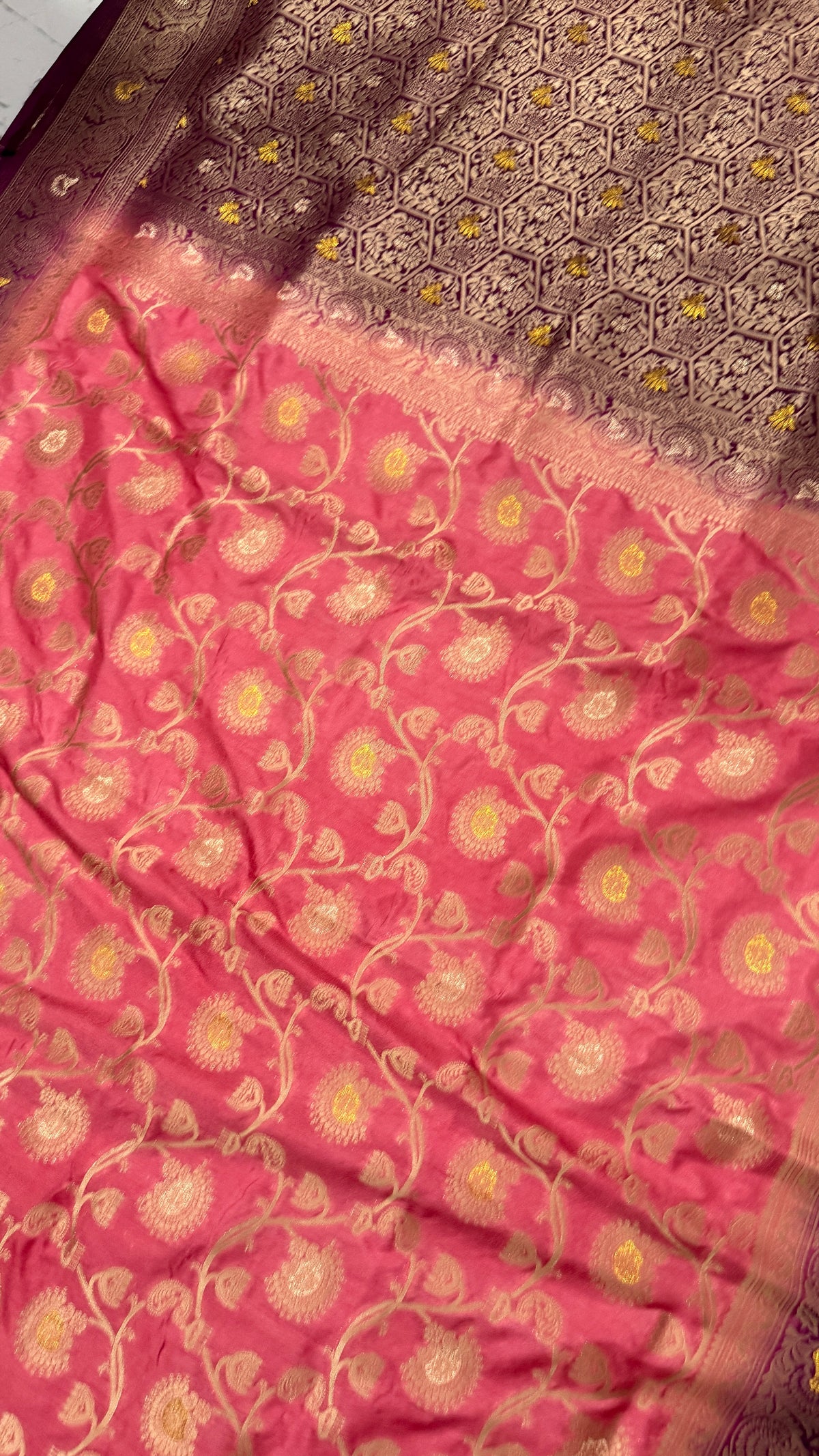 Pink Dola Silk Saree, Banarasi Zari Woven Floral Motifs, Maroon Border, Festive Wear