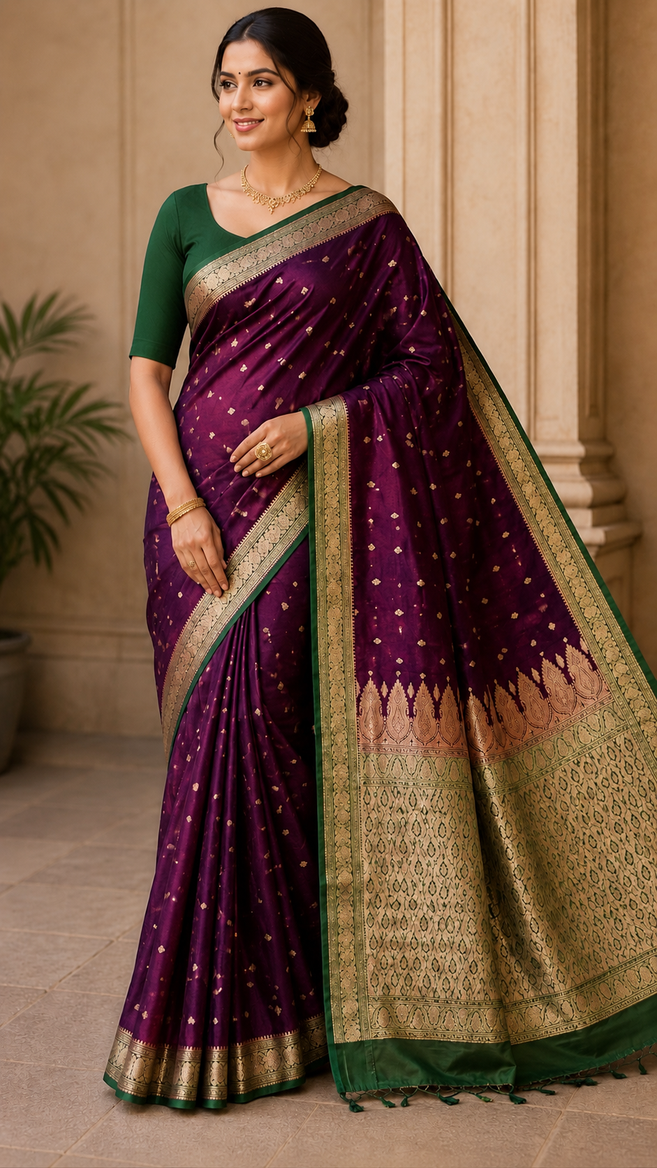Banarasi Silk Saree, Wine Purple & Emerald Green, Golden Zari Weaving, Wedding Ethnic Wear