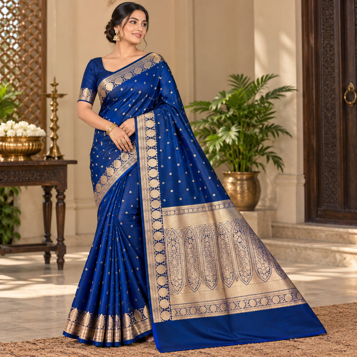 Royal Blue Banarasi Mashru Silk Saree, Gold Zari Woven, Traditional Indian Wedding Saree
