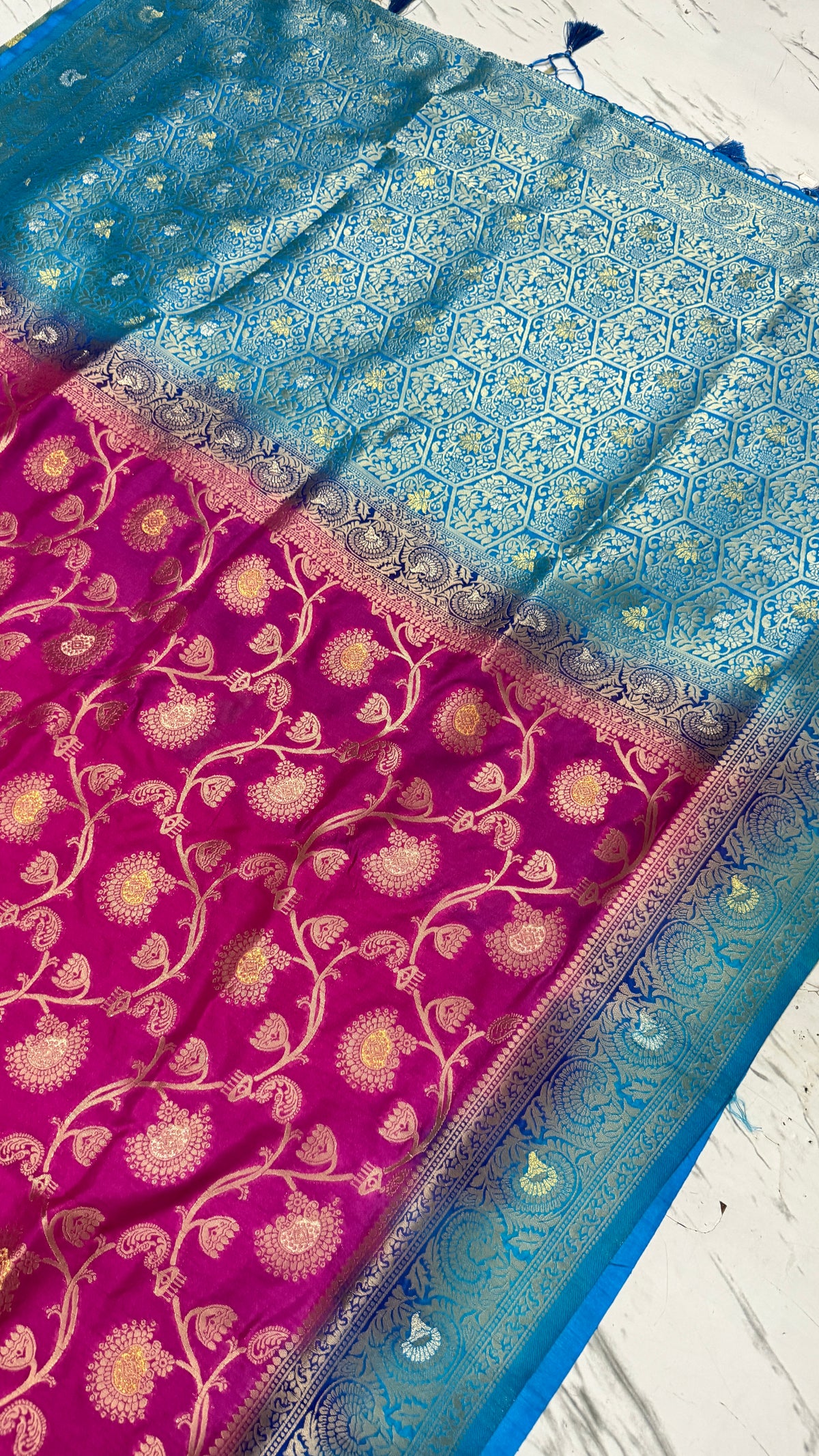 Fuchsia Pink Dola Silk Saree, Banarasi Zari Woven Border, Floral Motifs, Festive Wear