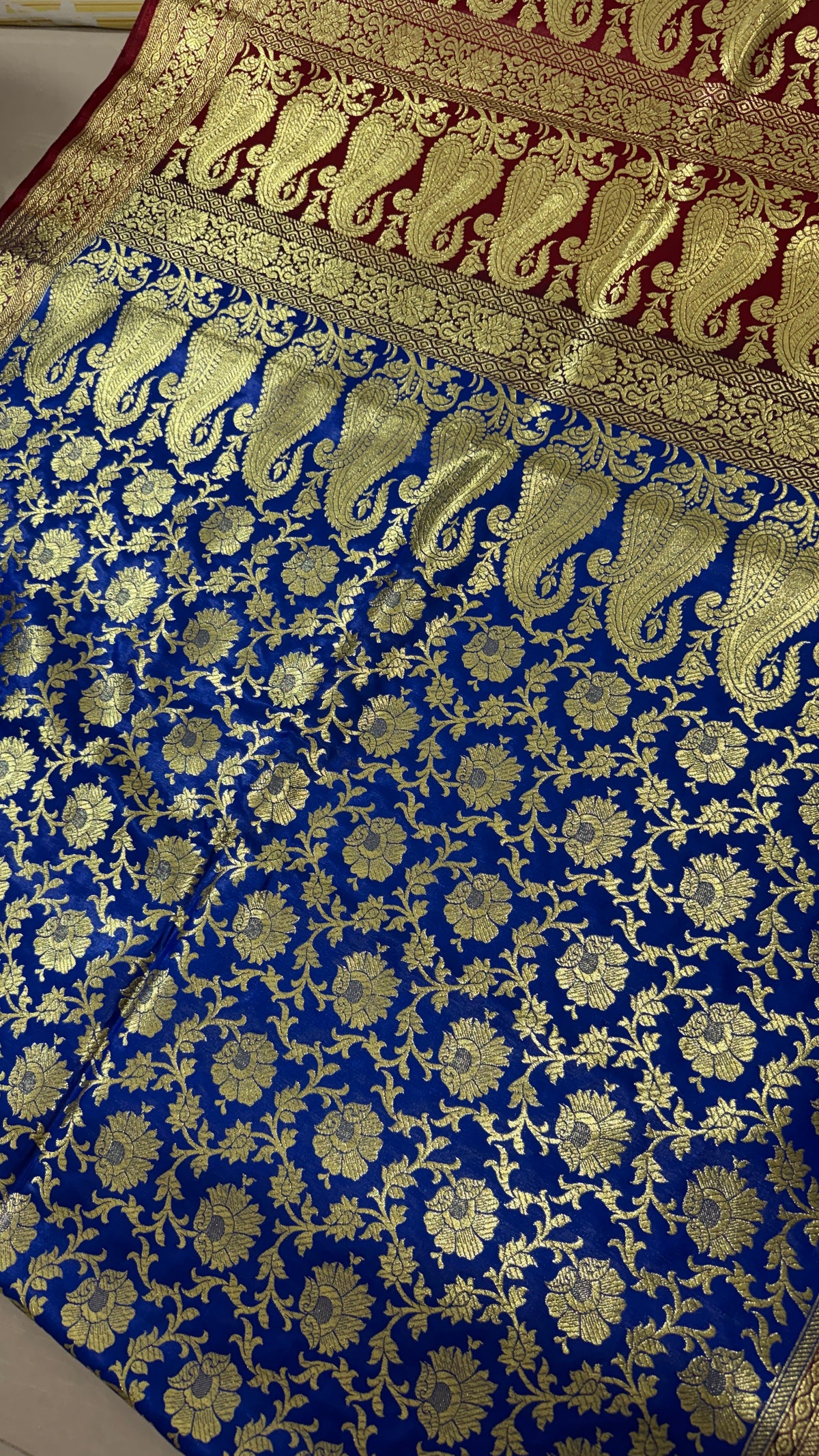 Royal Blue Maroon Banarasi Silk Saree, Gold Zari Floral Paisley (Wedding)