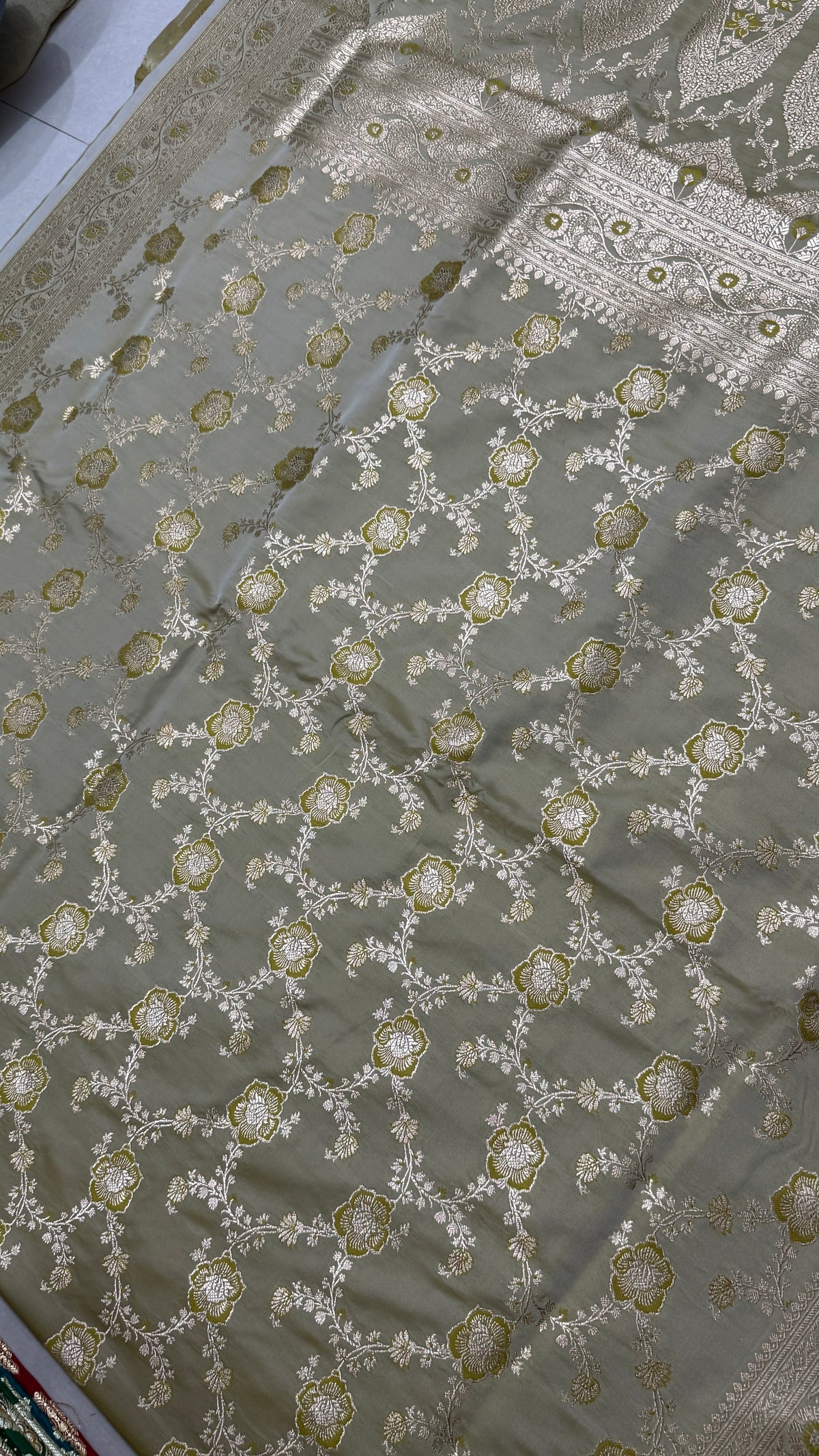 Pure Katan Silk Saree: Champagne Beige Zari Woven, Floral Motifs, Traditional Indian Wedding Wear
