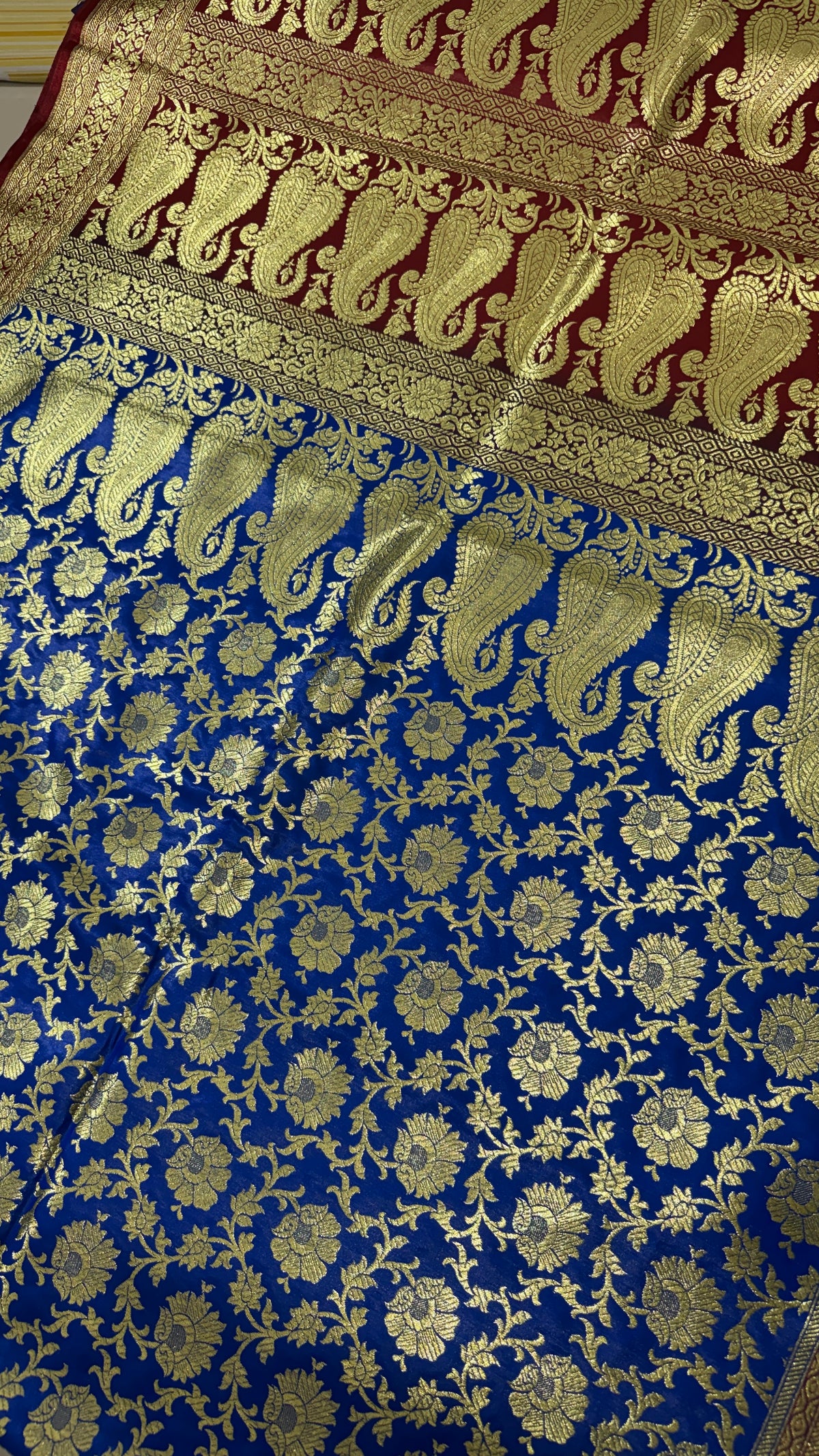 Royal Blue Maroon Banarasi Silk Saree, Gold Zari Floral Paisley (Wedding)