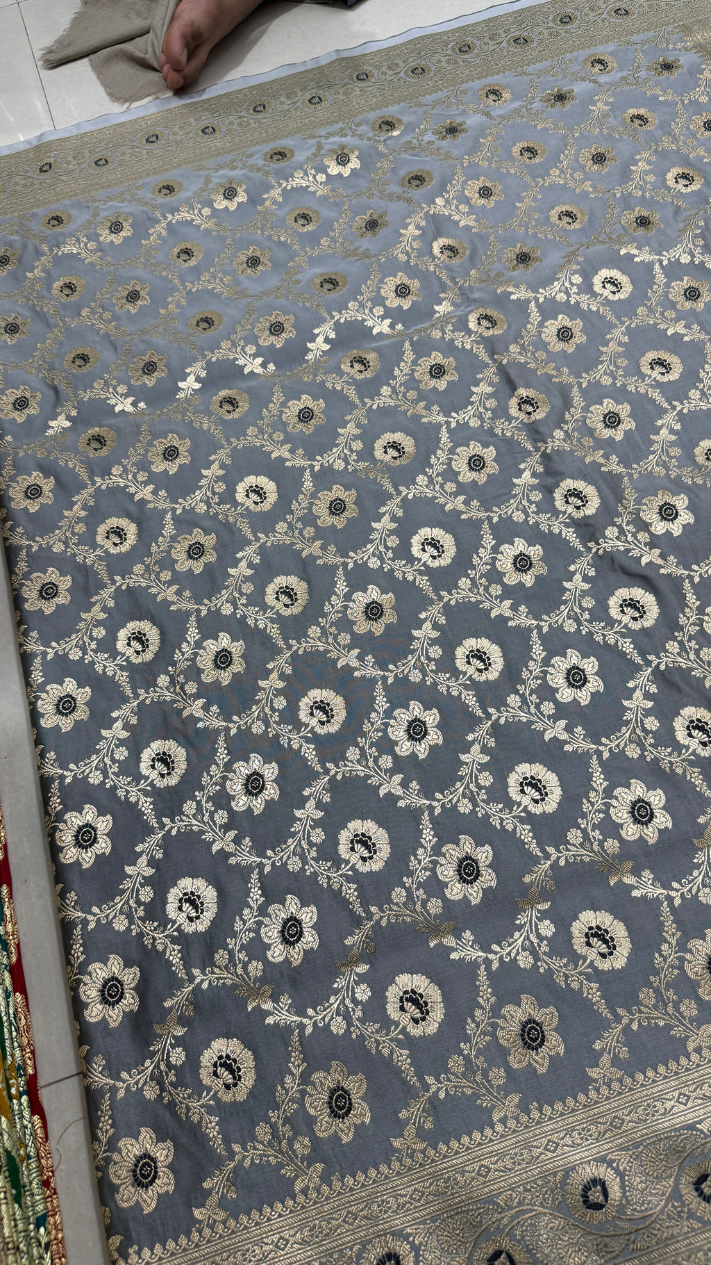 Pure Katan Silk Saree, Slate Grey Banarasi, Gold Zari Floral Weave, Wedding Ethnic Wear