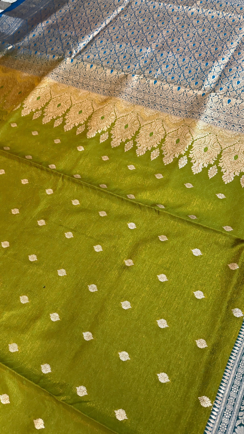 Olive Green Banarasi Silk Saree, Blue Zari Woven Border, Traditional Indian Wedding Wear