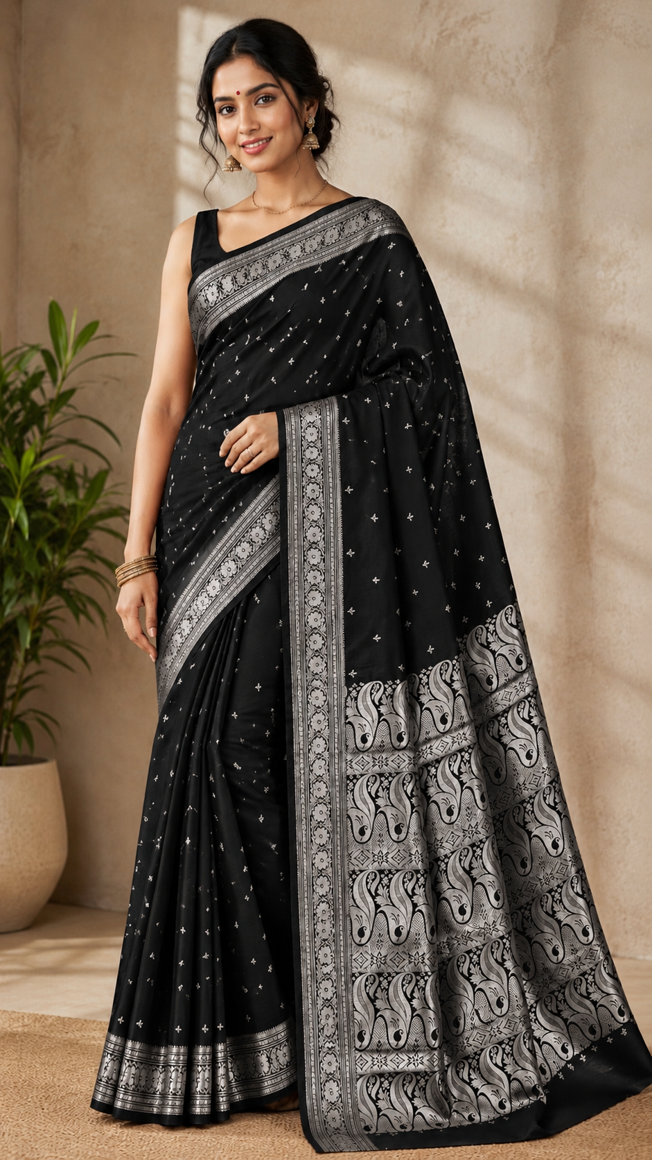 Black Satin Silk Saree, Silver Zari Border, Peacock Paisley Pallu, Wedding Wear