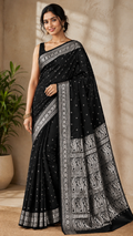 Black Satin Silk Saree, Silver Zari Border, Peacock Paisley Pallu, Wedding Wear