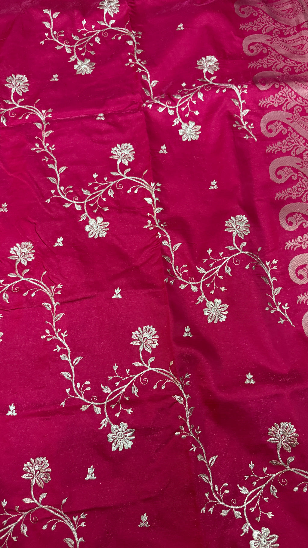 Magenta Satin Silk Saree, Floral Paisley Woven Design, Wedding Party Wear