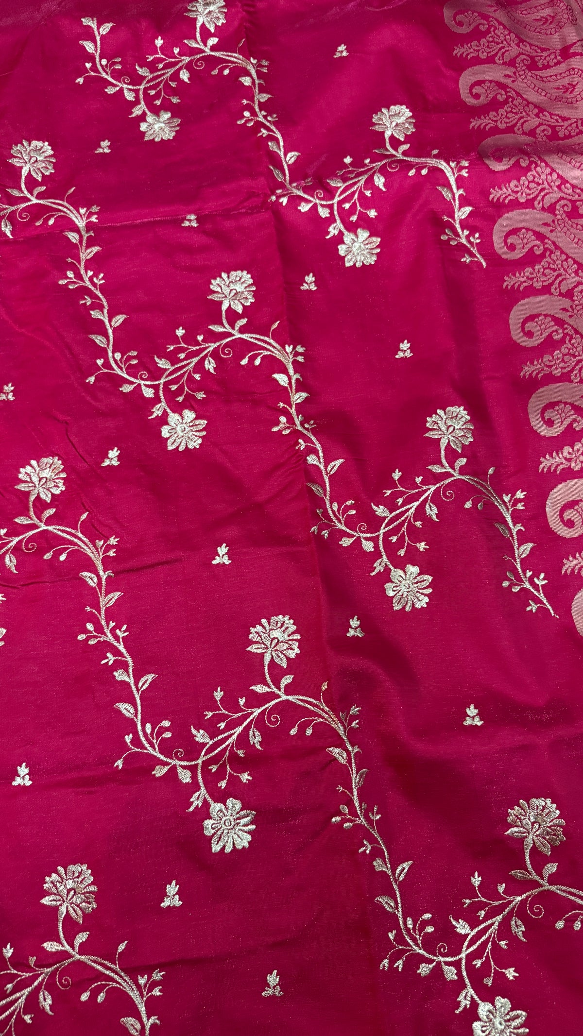 Magenta Satin Silk Saree, Floral Paisley Woven Design, Wedding Party Wear