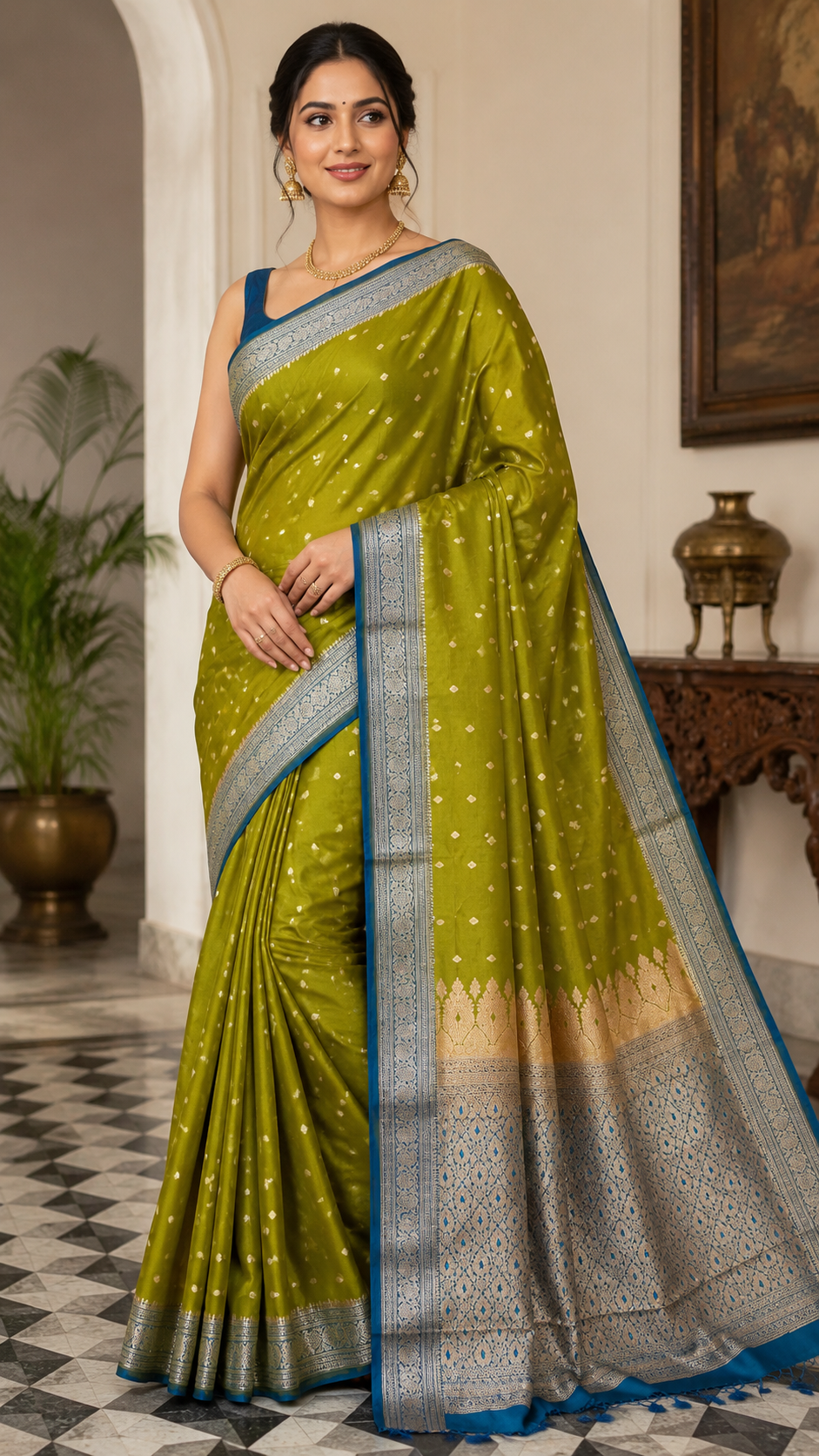 Olive Green Banarasi Silk Saree, Blue Zari Woven Border, Traditional Indian Wedding Wear