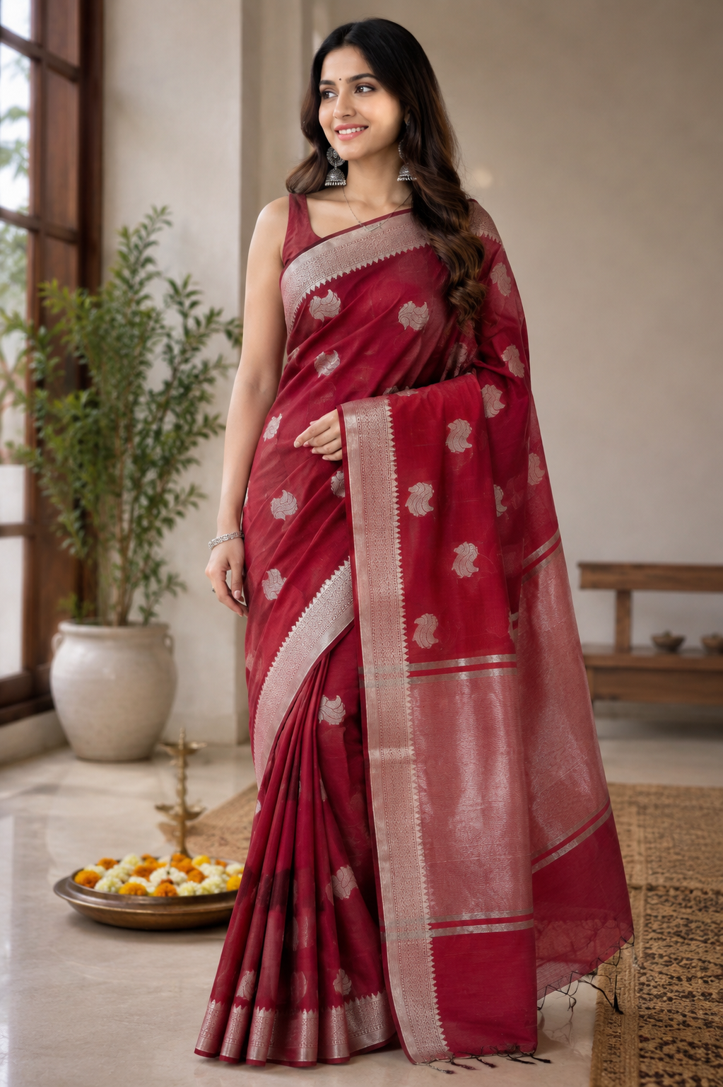 Maroon Cotton Saree, Traditional Zari Woven Border, Festive Ethnic Sari