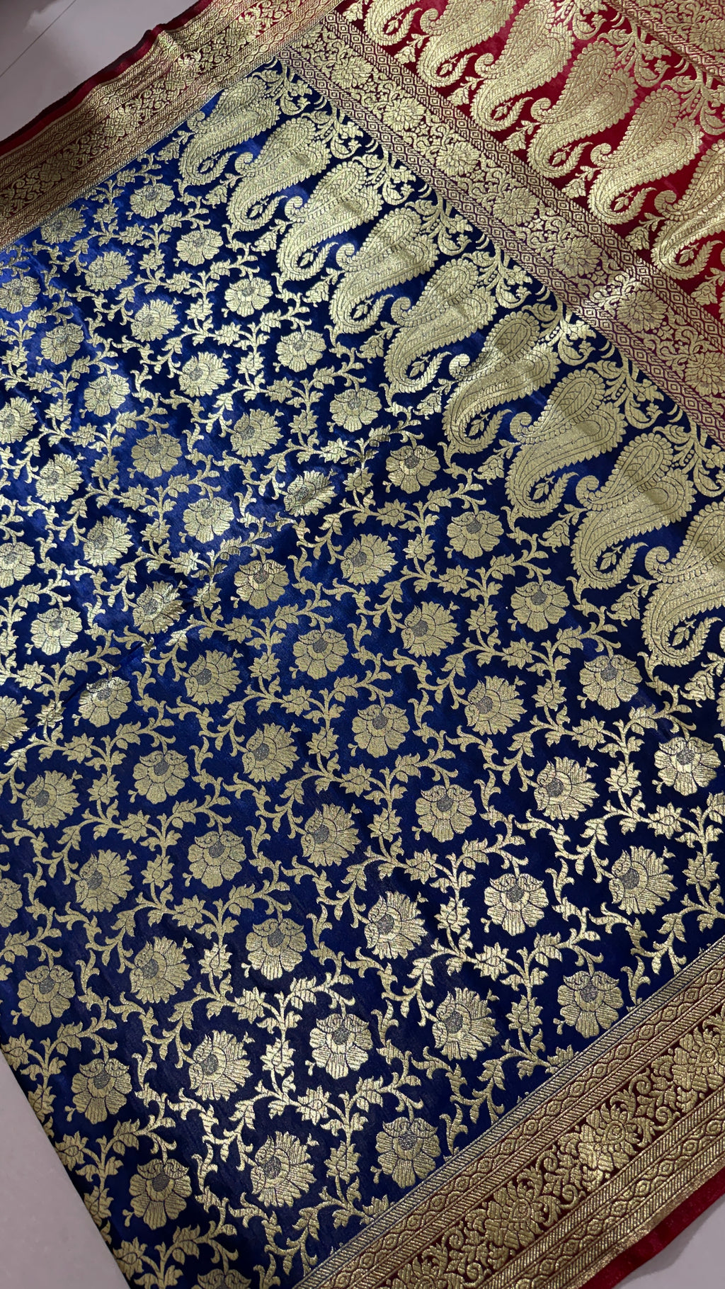 Royal Blue Red Banarasi Silk Saree, Gold Zari Floral Paisley (Wedding)