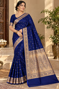 Royal Blue Banarasi Mashru Silk Saree, Gold Zari Woven, Traditional Indian Wedding Saree