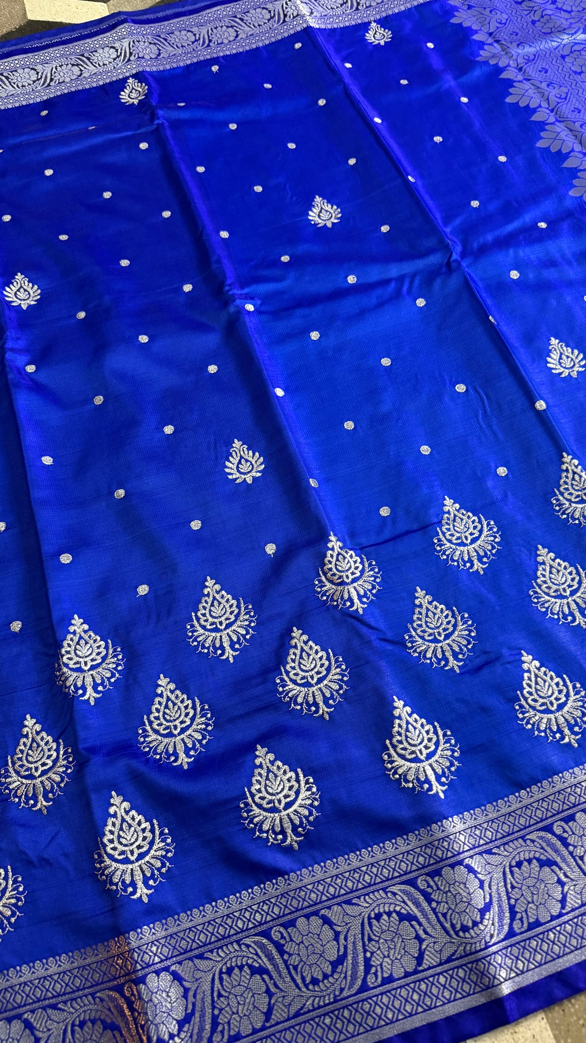 Royal Blue Satin Silk Saree, Silver Zari Border, Festive Indian Wedding Wear