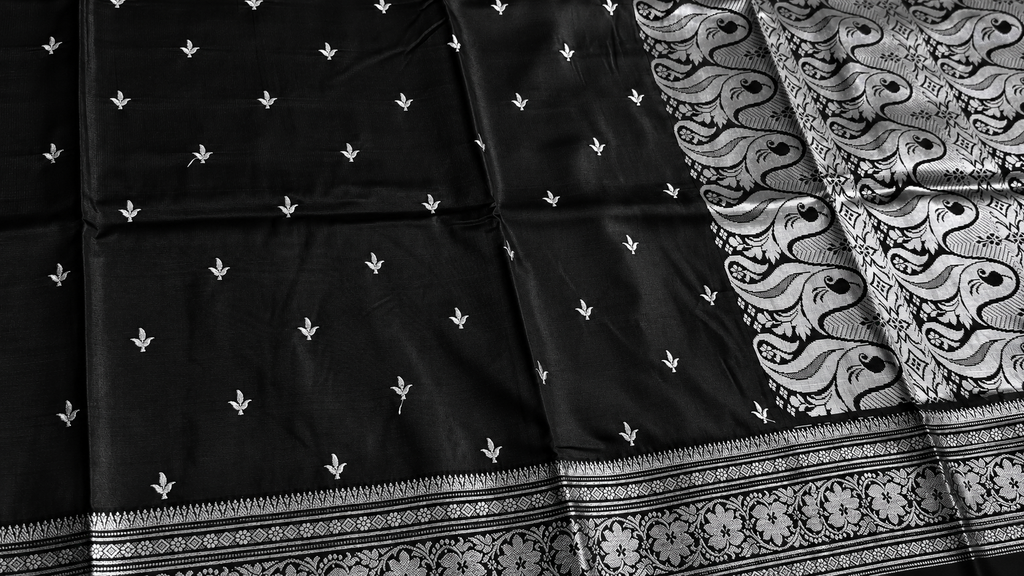 Black Satin Silk Saree, Silver Zari Border, Peacock Paisley Pallu, Wedding Wear