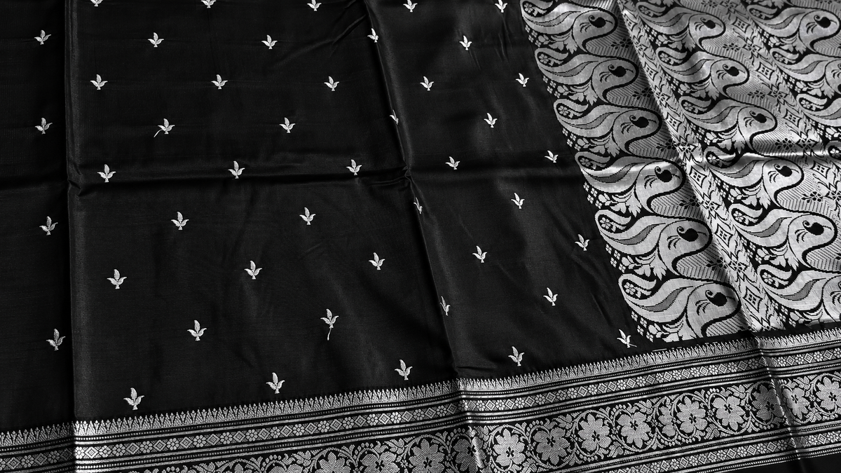 Black Satin Silk Saree, Silver Zari Border, Peacock Paisley Pallu, Wedding Wear
