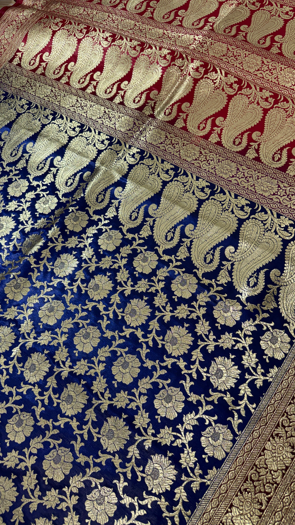 Royal Blue Red Banarasi Silk Saree, Gold Zari Floral Paisley (Wedding)