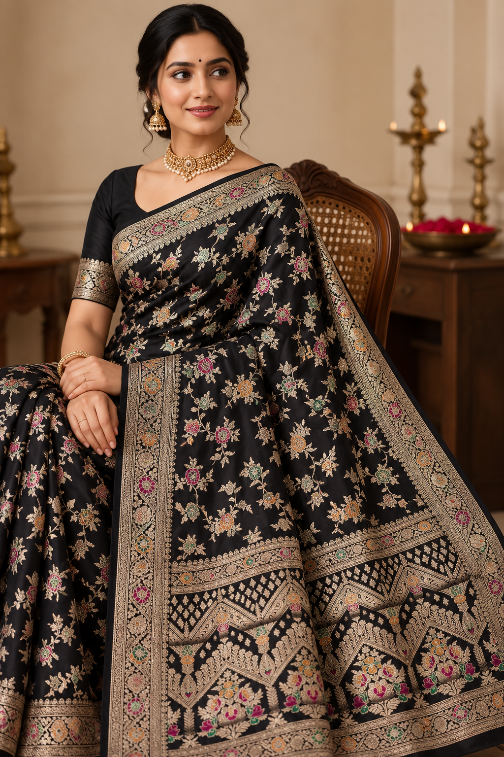 Black Georgette Silk Saree, Floral Zari, Traditional Wedding Wear