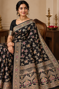 Black Georgette Silk Saree, Floral Zari, Traditional Wedding Wear