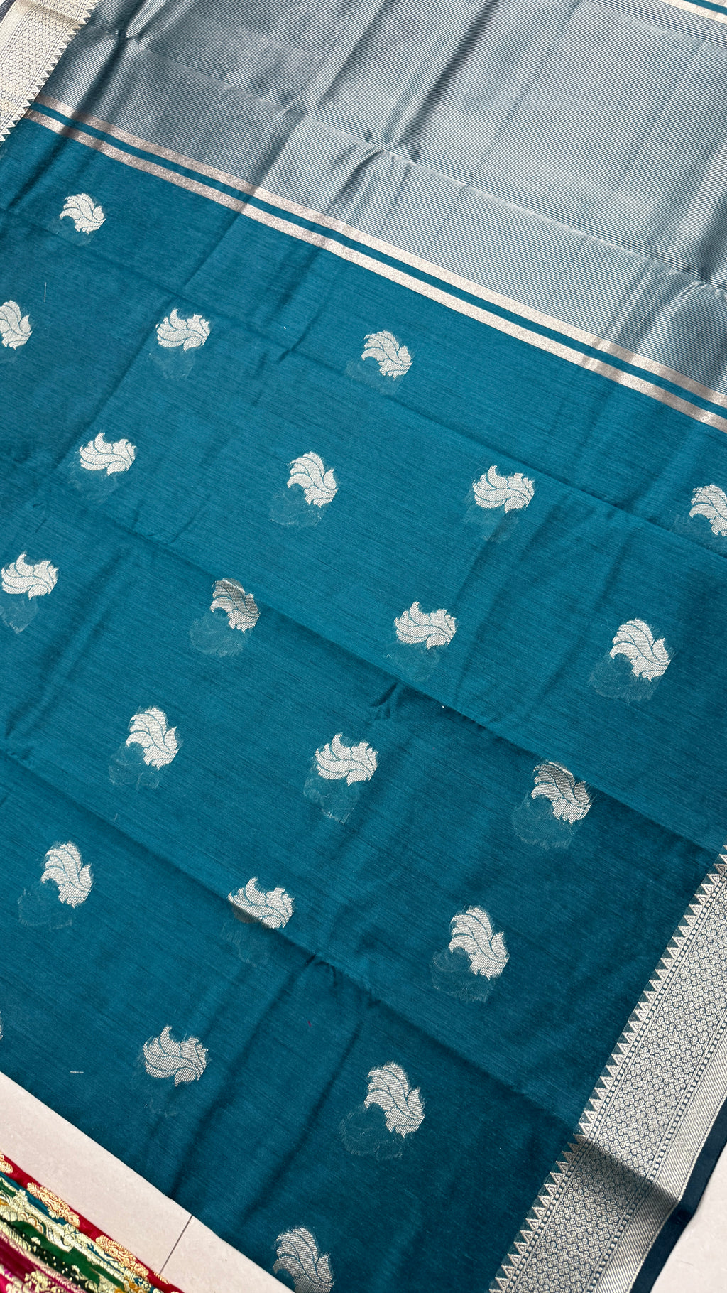 Teal Cotton Saree, Silver Zari Woven Border, Traditional Indian Festive Wear