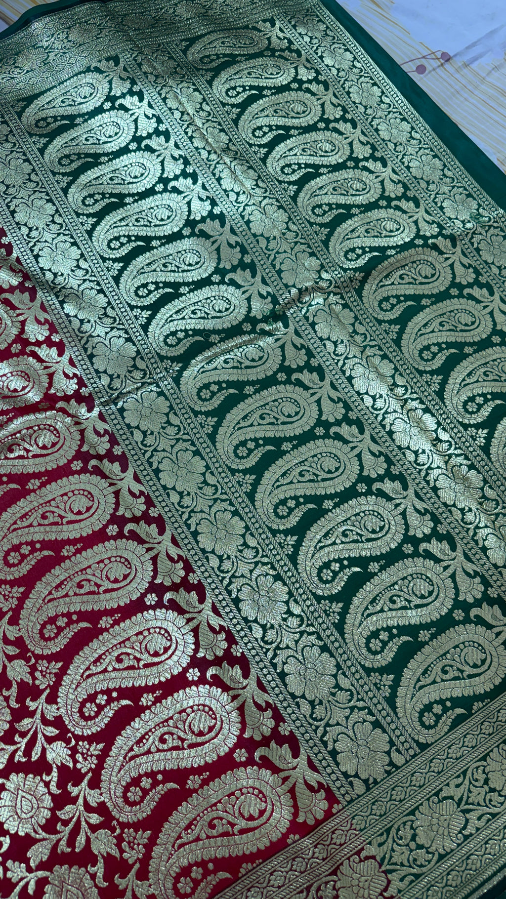 Maroon Green Banarasi Silk Saree, Gold Zari Floral Paisley Wedding Saree
