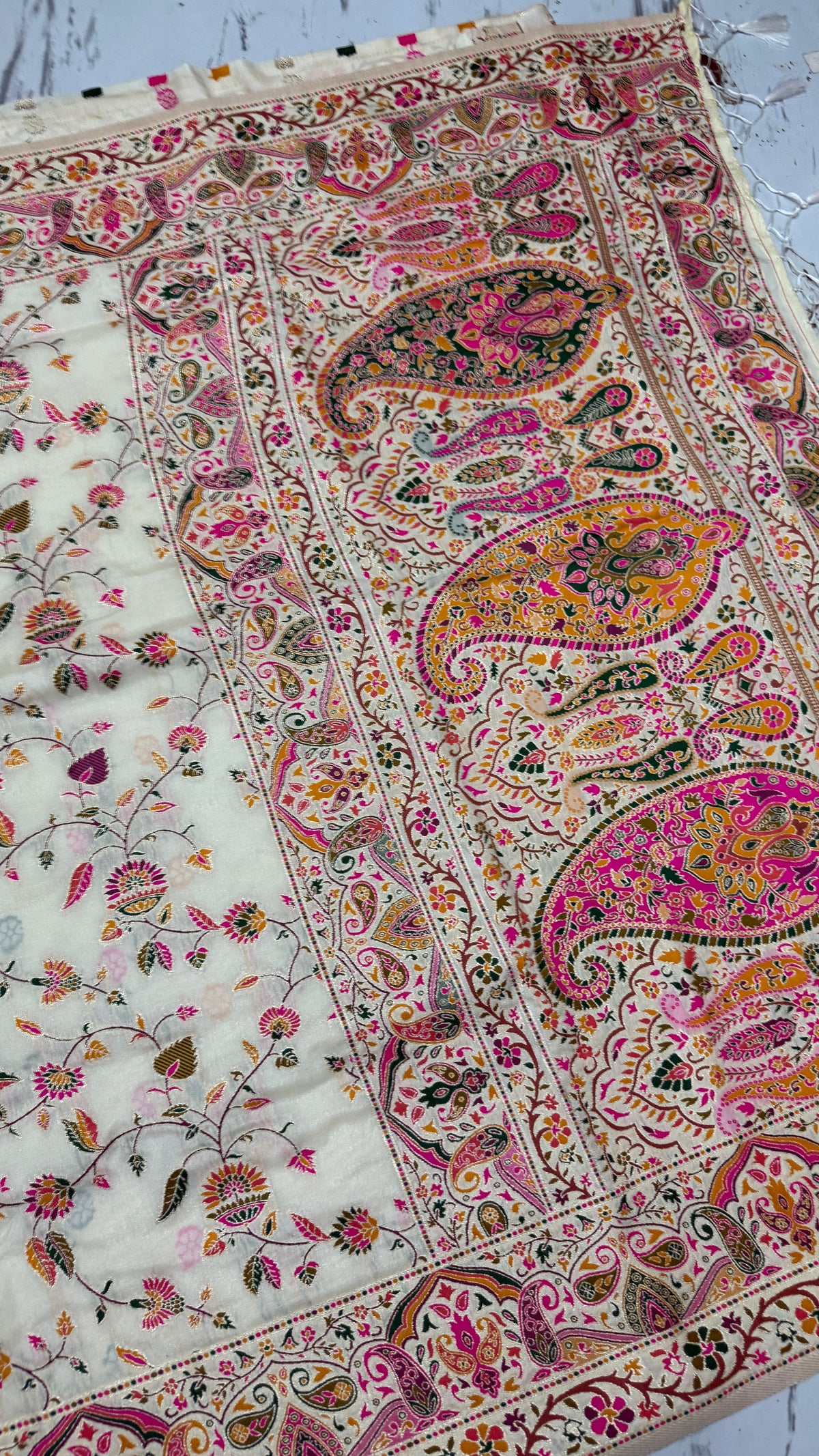 Pashmina Silk Saree | Cream Floral Printed Saree with Paisley Border | Indian Ethnic Wedding & Festive Wear