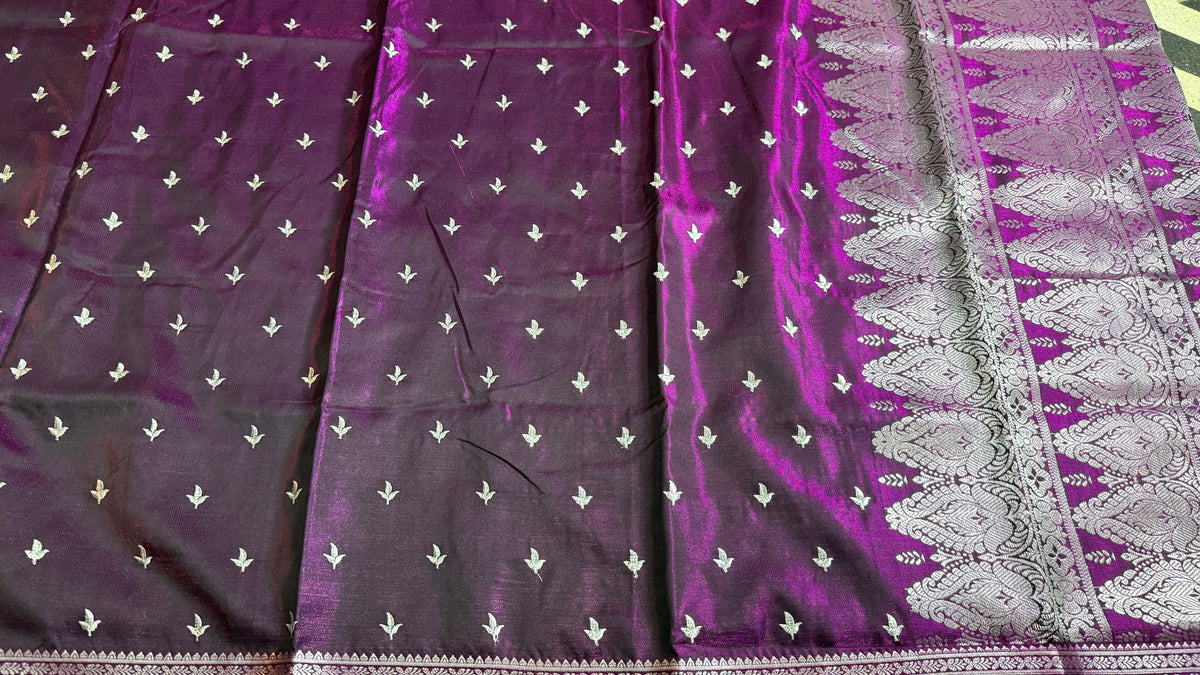Purple Satin Silk Saree, Silver Zari Border, Indian Wedding Festive Wear
