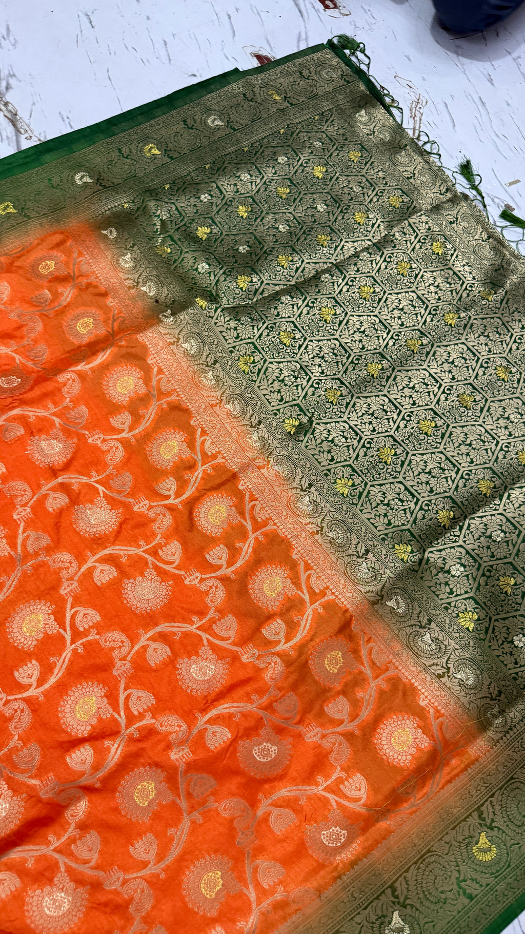 Orange Dola Silk Saree, Banarasi Zari Woven Floral Motifs, Festive Wedding Wear