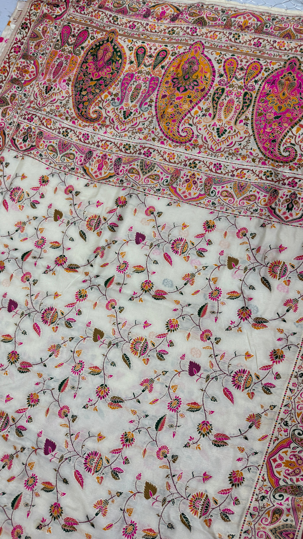 Pashmina Silk Saree | Cream Floral Printed Saree with Paisley Border | Indian Ethnic Wedding & Festive Wear