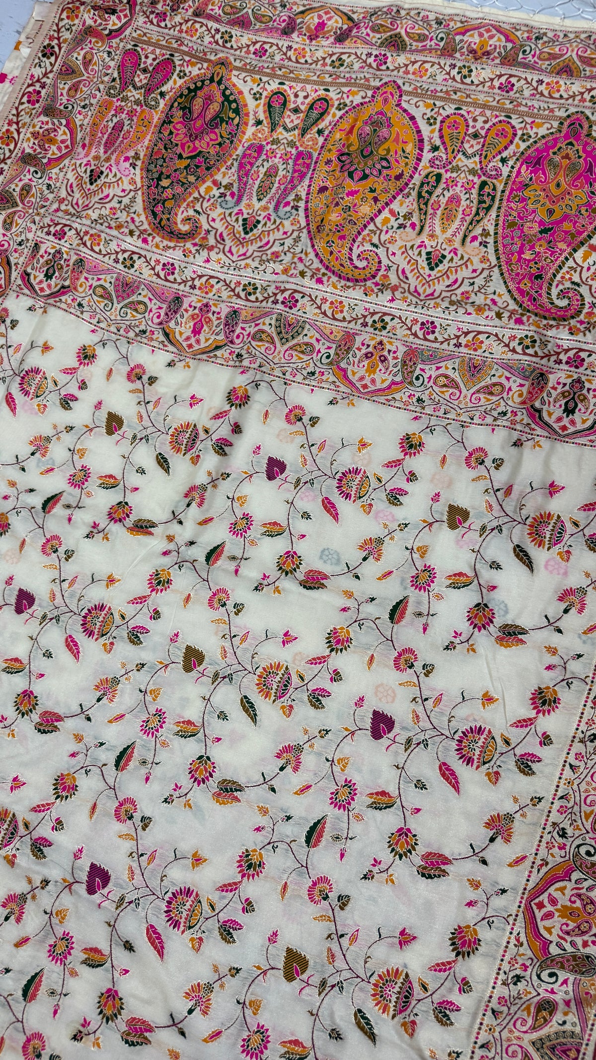 Pashmina Silk Saree | Cream Floral Printed Saree with Paisley Border | Indian Ethnic Wedding & Festive Wear