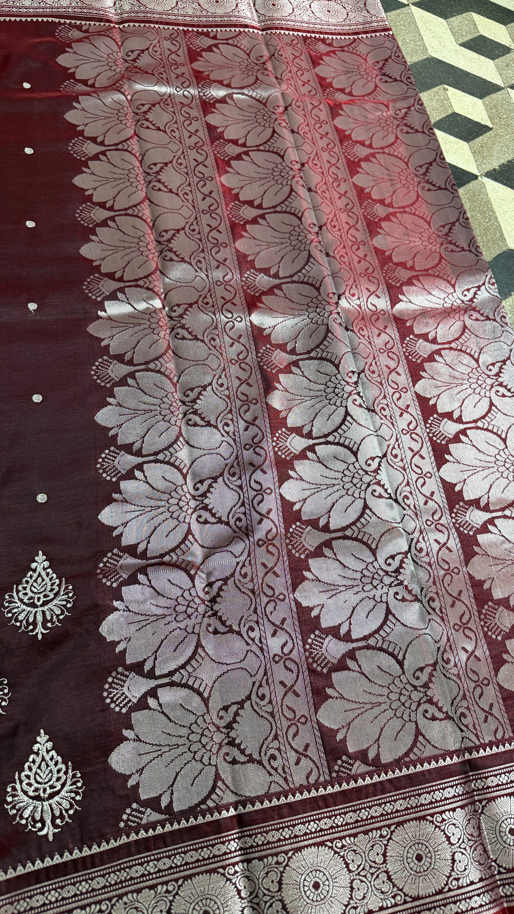Wine Maroon Satin Silk Saree, Silver Zari Border, Floral Pallu, Festive Ethnic Wear