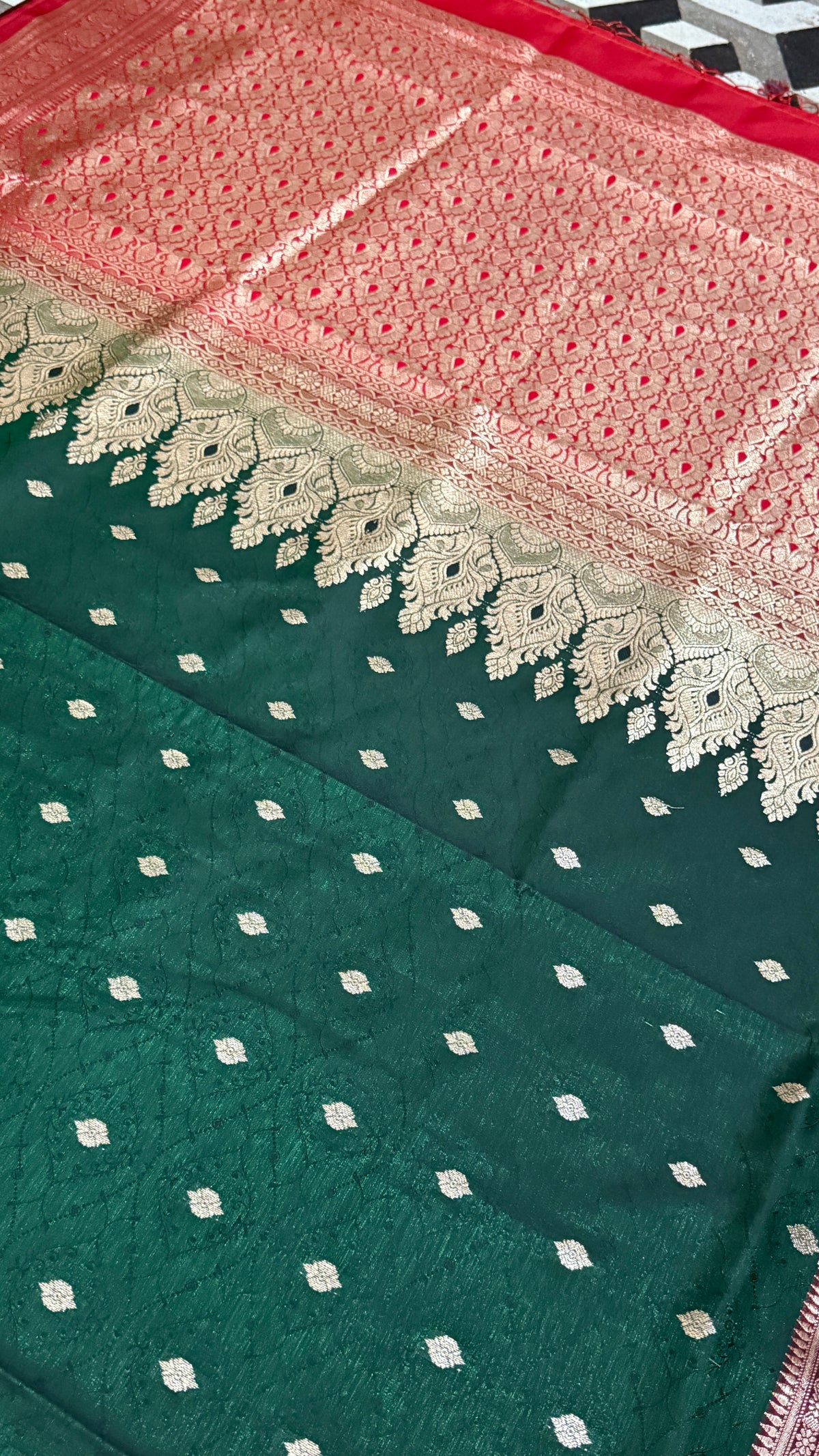 Emerald Green Banarasi Silk Saree, Rose Gold Zari Woven Border, Indian Wedding Festive Wear