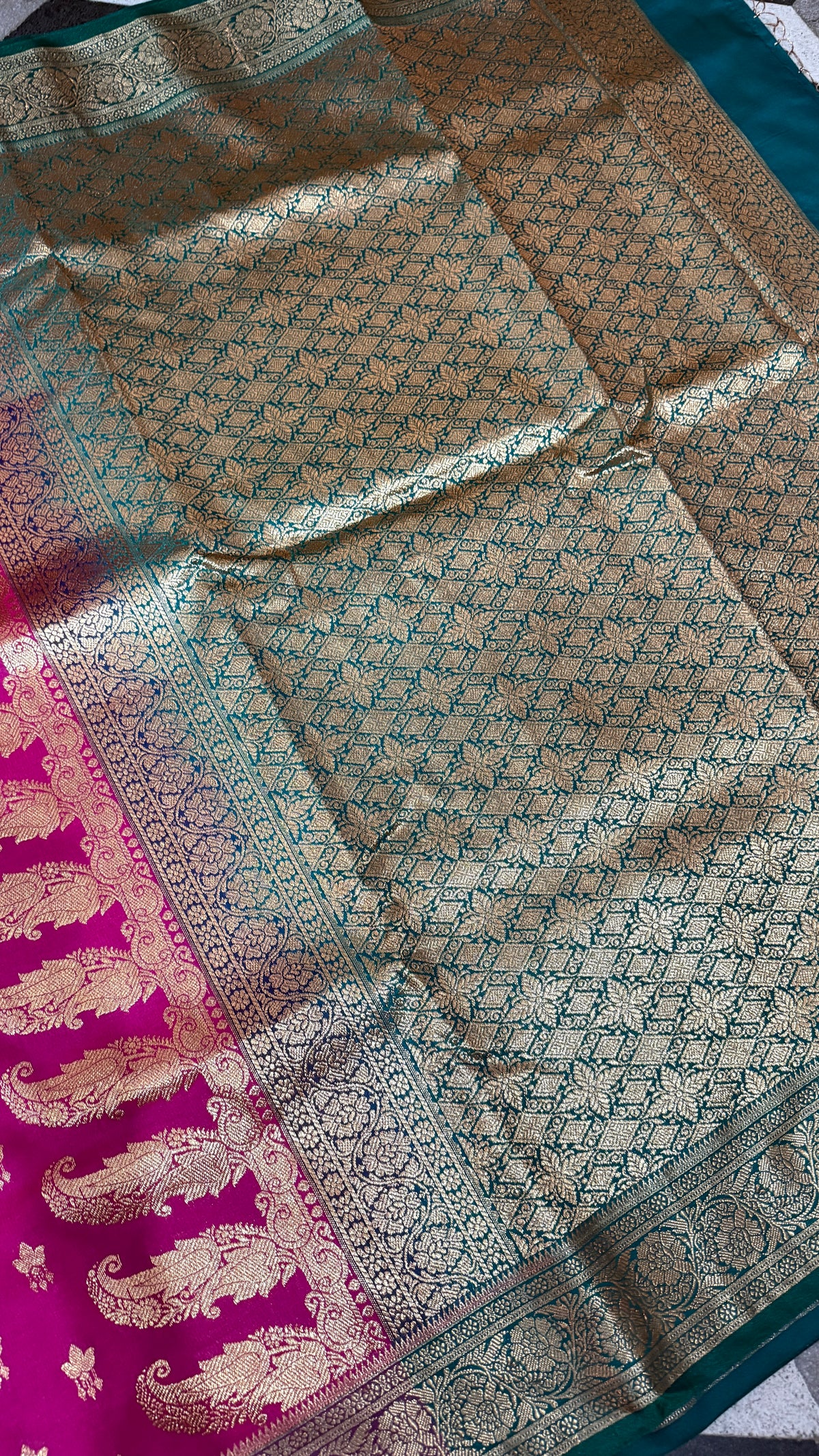 Hot Pink Banarasi Silk Saree with Gold Floral Butti & Rich Zari Border