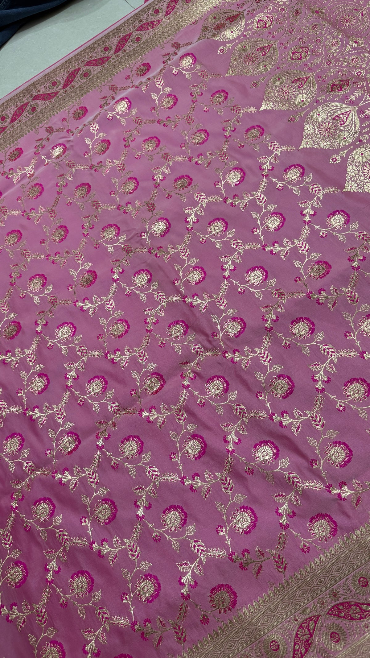Pink Katan Silk Banarasi Saree, Gold Zari Floral Weave, Wedding Bridal Ethnic Wear