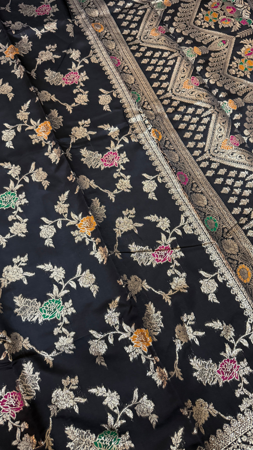 Black Georgette Silk Saree, Floral Zari, Traditional Wedding Wear