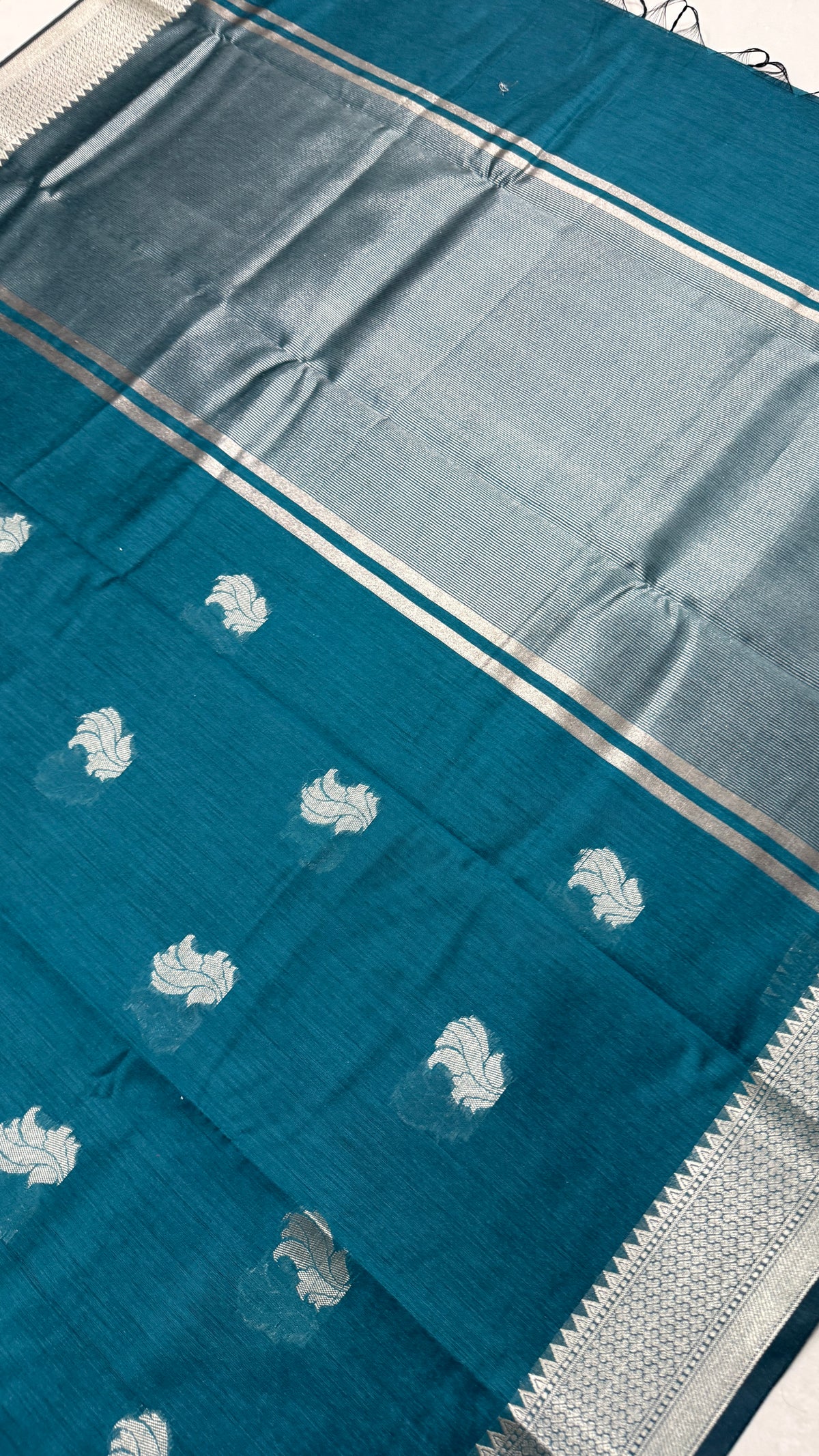 Teal Cotton Saree, Silver Zari Woven Border, Traditional Indian Festive Wear