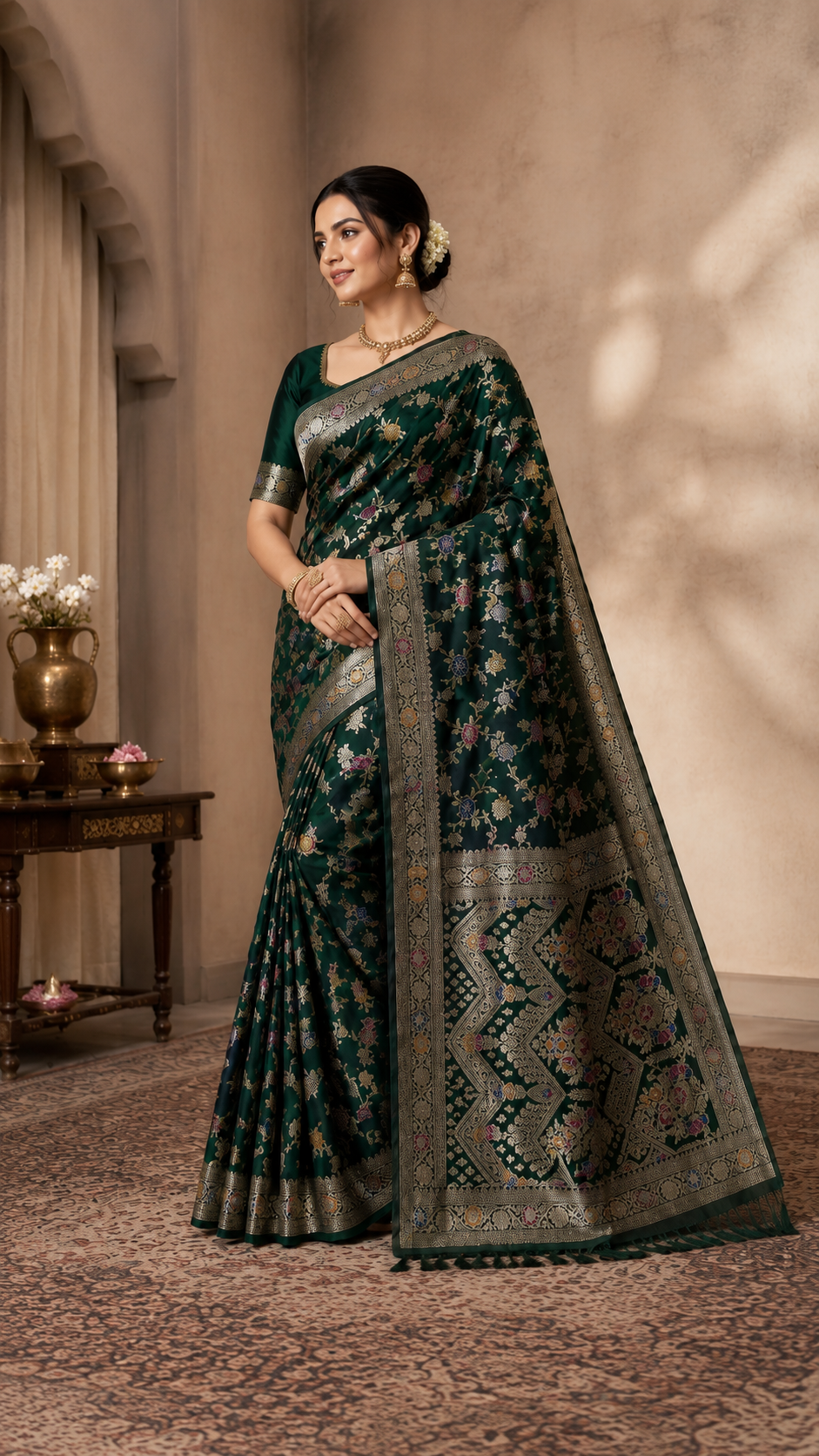 Dark Green Georgette Silk Saree with Floral Zari Weaving