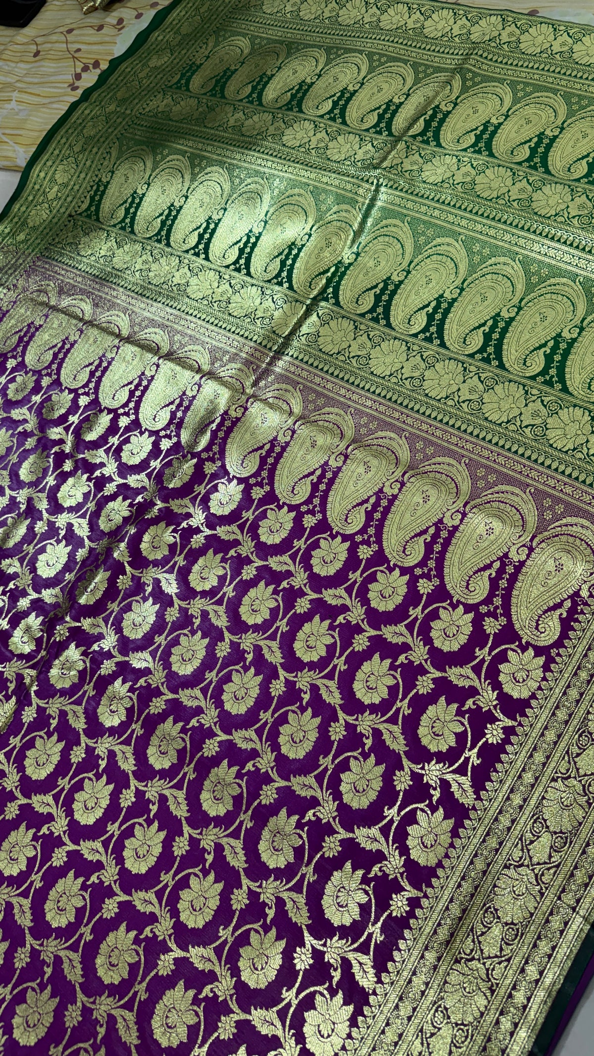 Purple Green Banarasi Silk Saree, Gold Zari Floral Paisley Wedding Saree