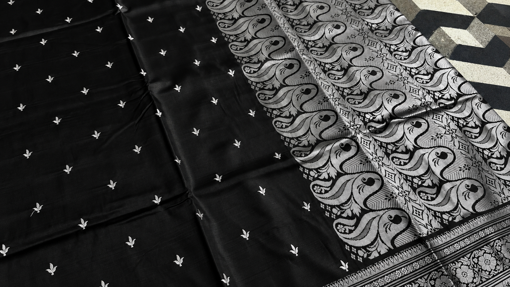 Black Satin Silk Saree, Silver Zari Border, Peacock Paisley Pallu, Wedding Wear