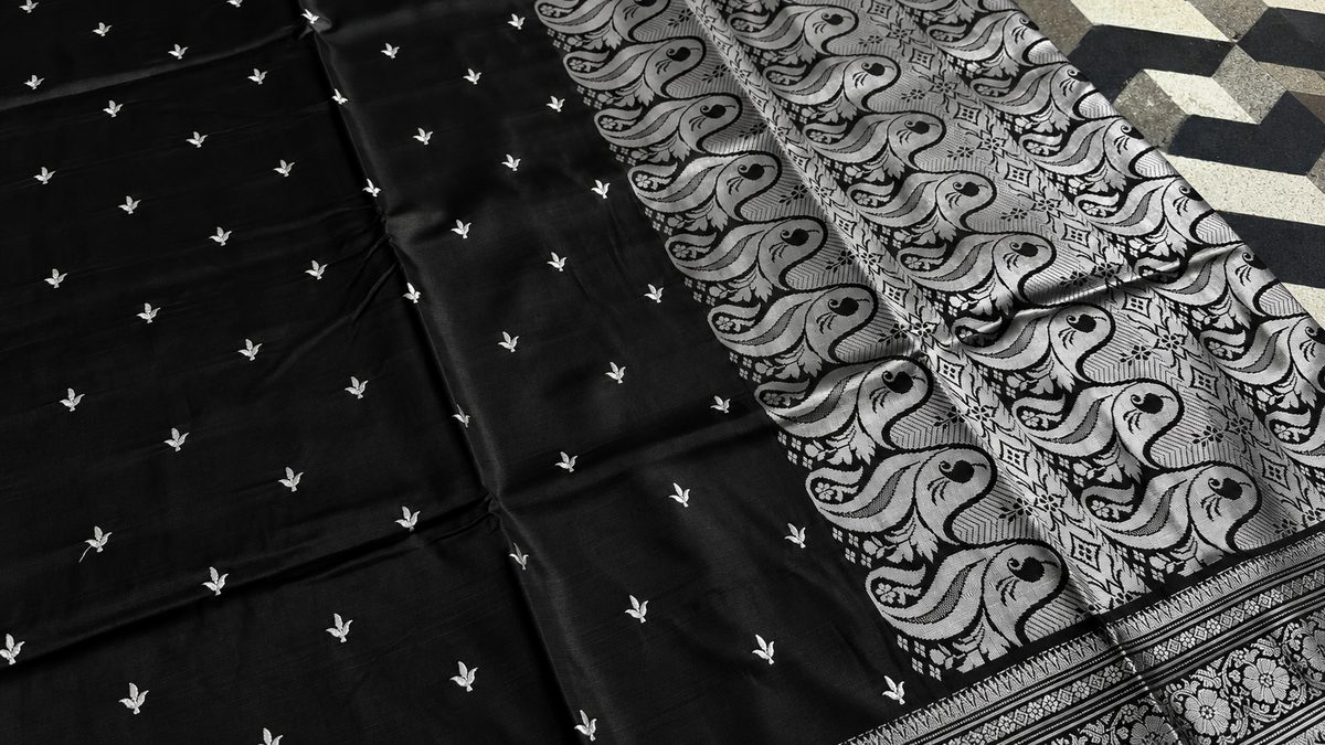 Black Satin Silk Saree, Silver Zari Border, Peacock Paisley Pallu, Wedding Wear