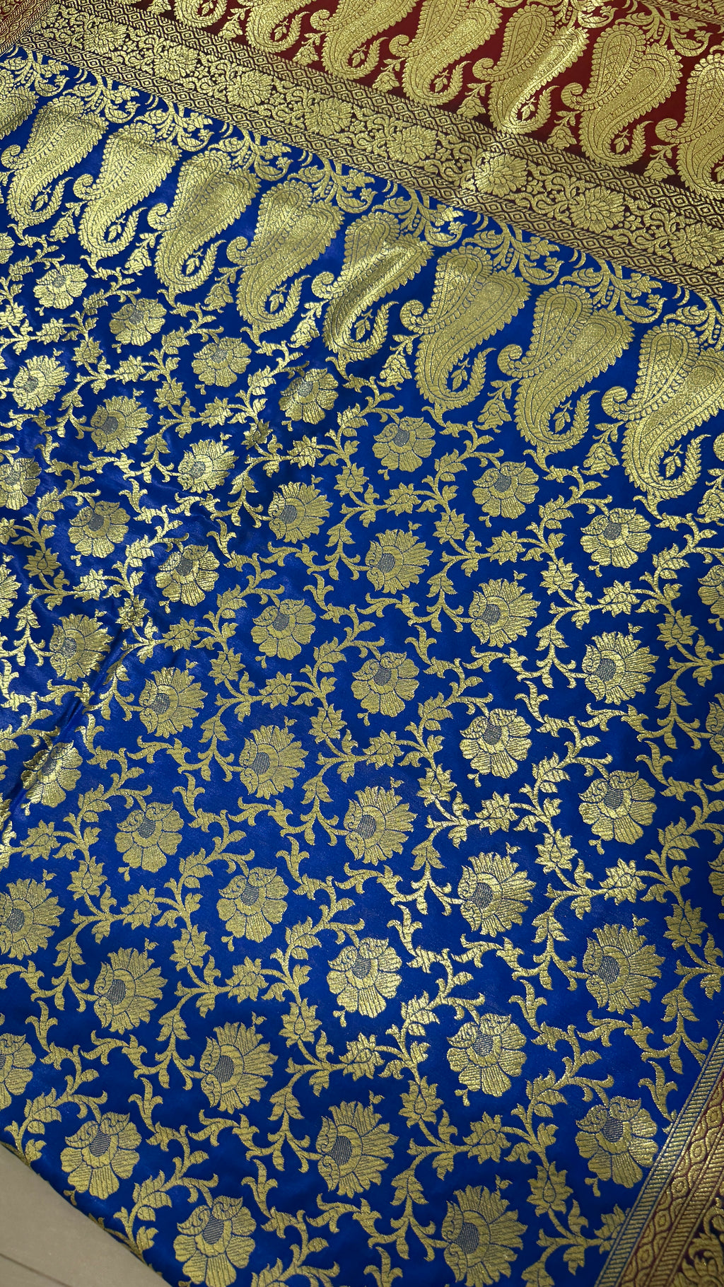 Royal Blue Maroon Banarasi Silk Saree, Gold Zari Floral Paisley (Wedding)
