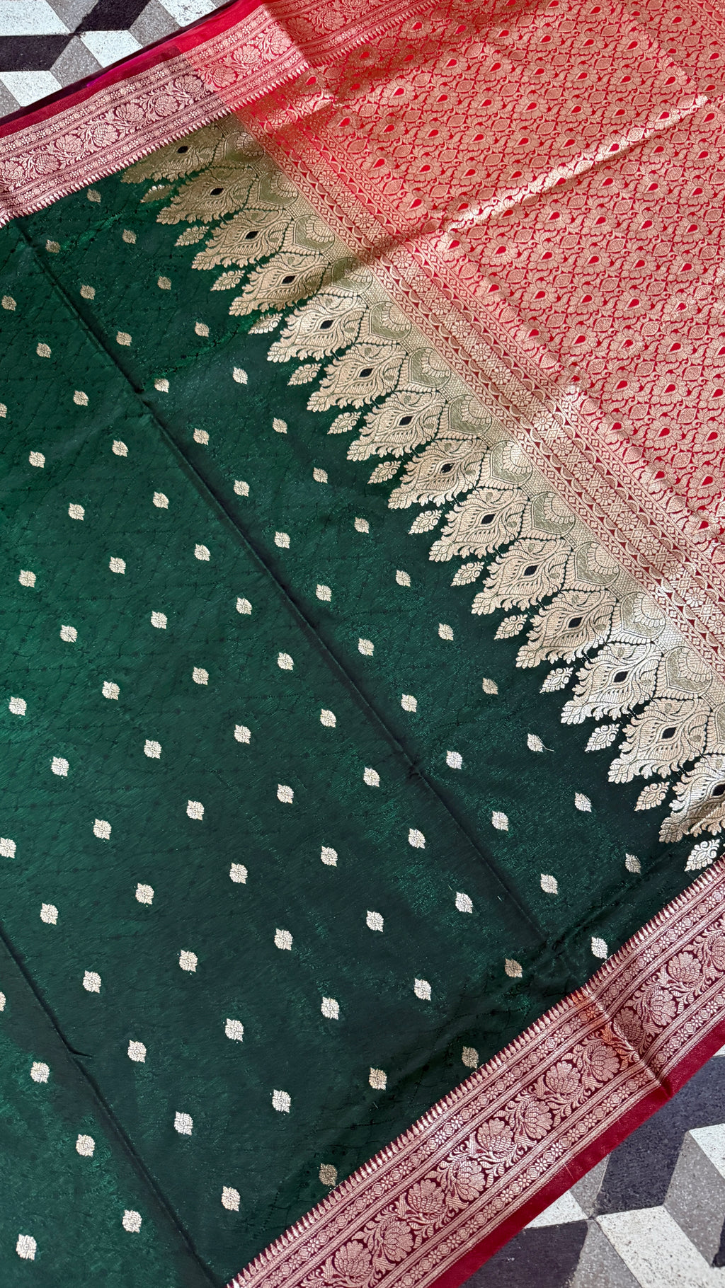 Emerald Green Banarasi Silk Saree, Rose Gold Zari Woven Border, Indian Wedding Festive Wear