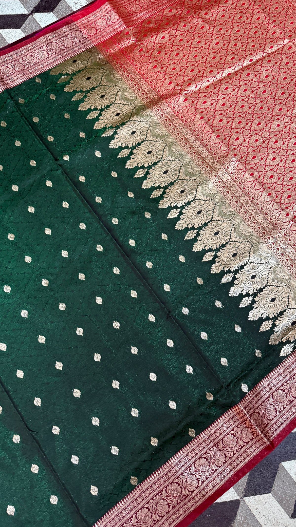 Emerald Green Banarasi Silk Saree, Rose Gold Zari Woven Border, Indian Wedding Festive Wear