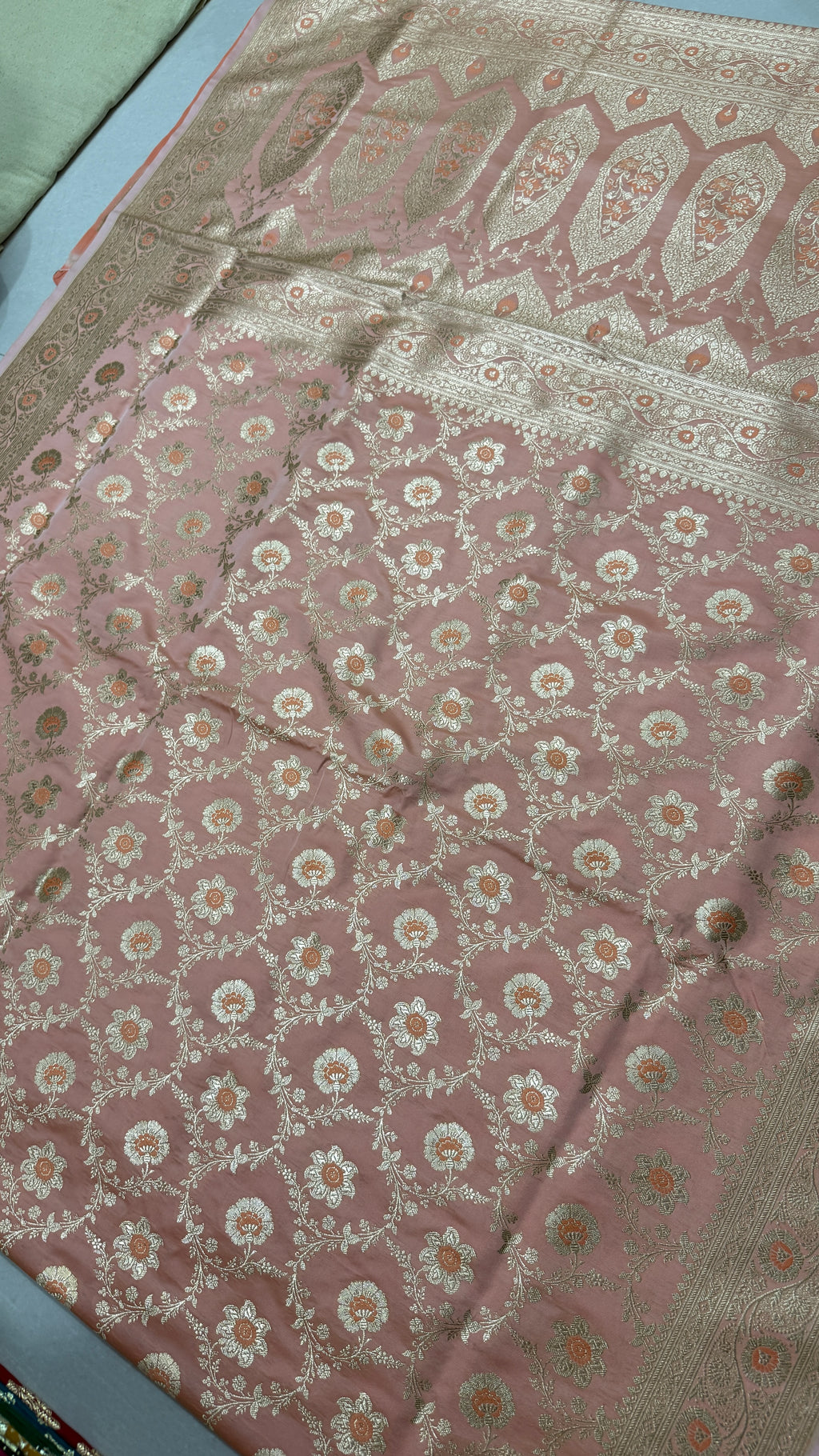 Pure Katan Silk Saree: Blush Pink Floral Zari Weave, Traditional Indian Bridal Gift