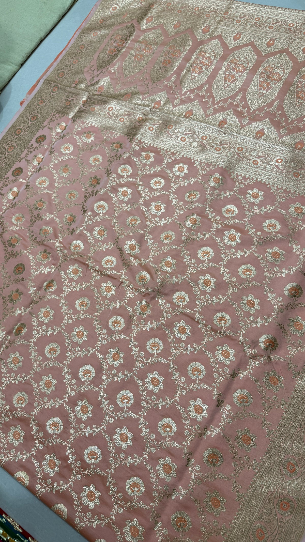 Pure Katan Silk Saree: Blush Pink Floral Zari Weave, Traditional Indian Bridal Gift