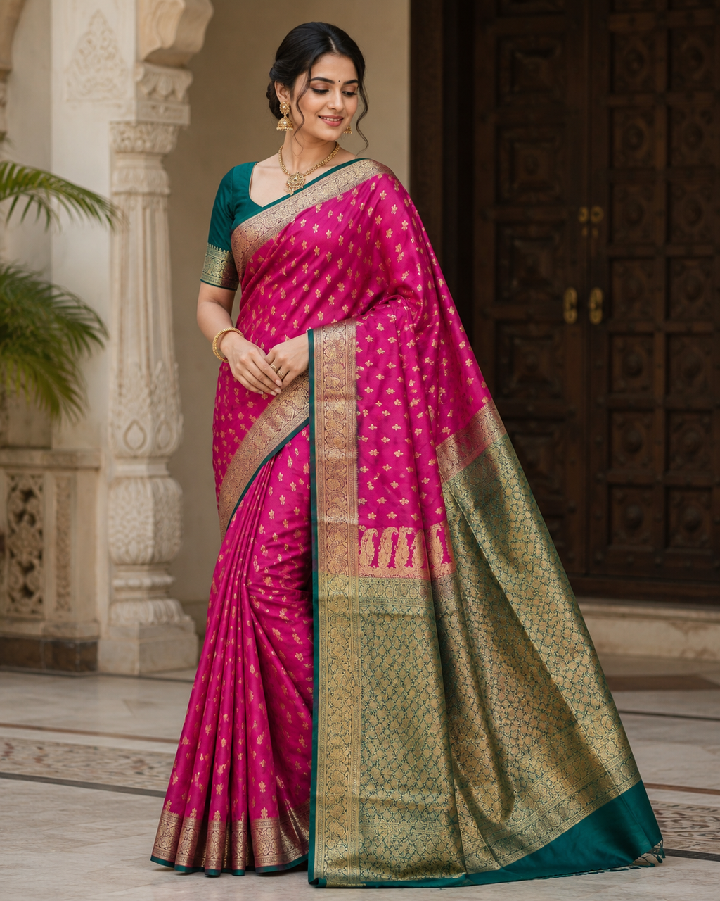 Hot Pink Banarasi Silk Saree with Gold Floral Butti & Rich Zari Border