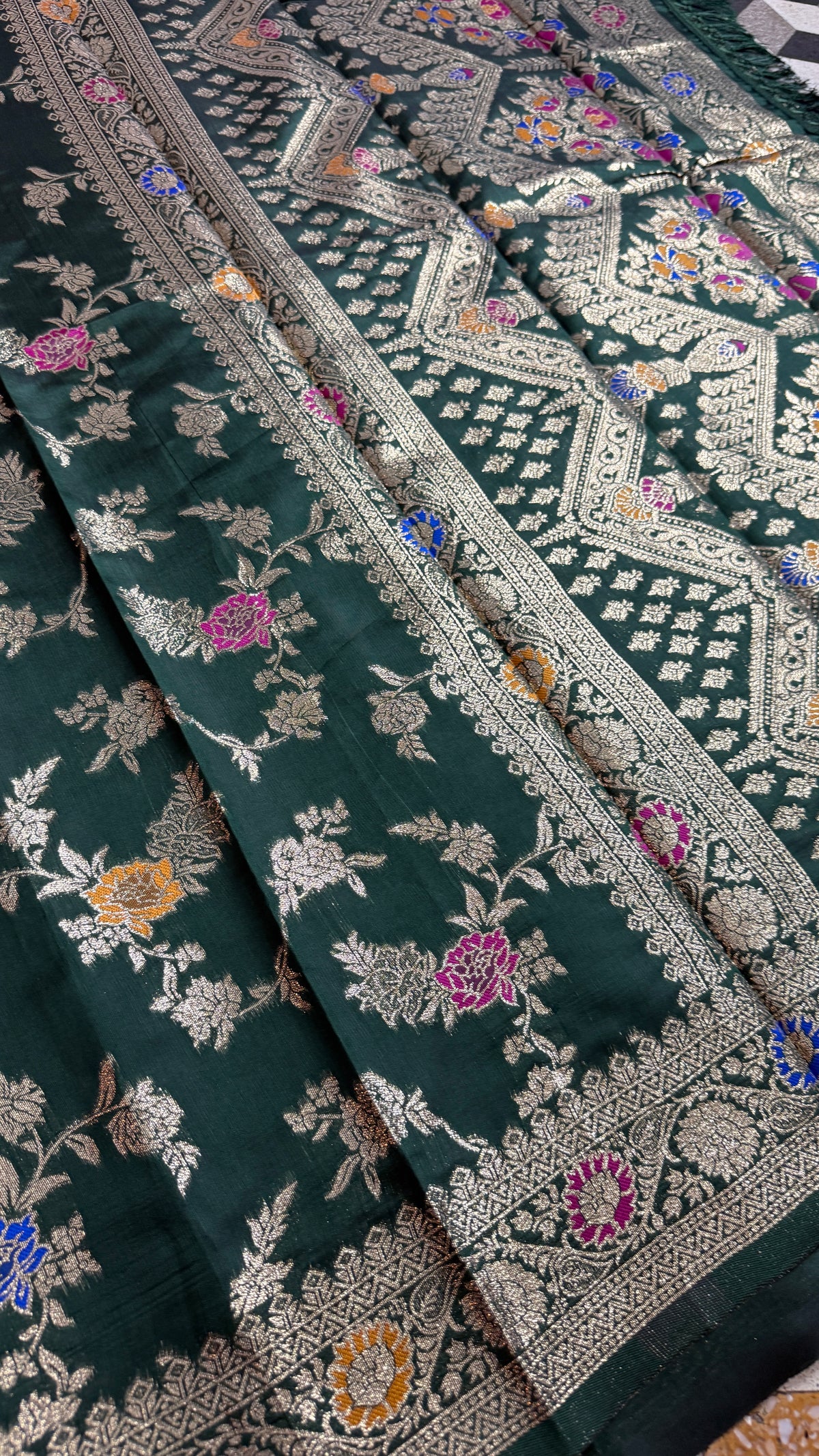 Dark Green Georgette Silk Saree with Floral Zari Weaving